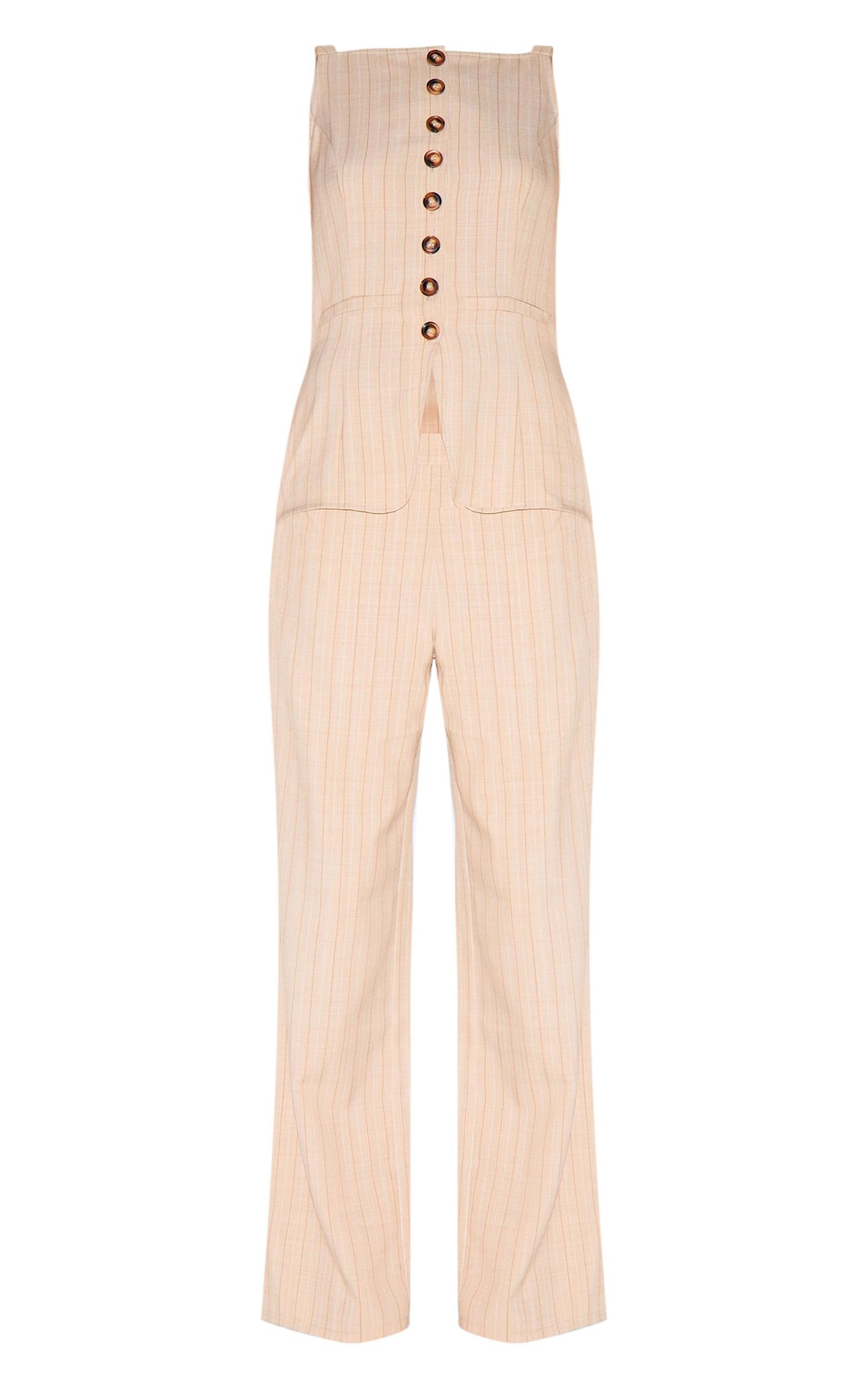 Stone Pinstripe Linen Button Down Peplum Hem Jumpsuit Product Image