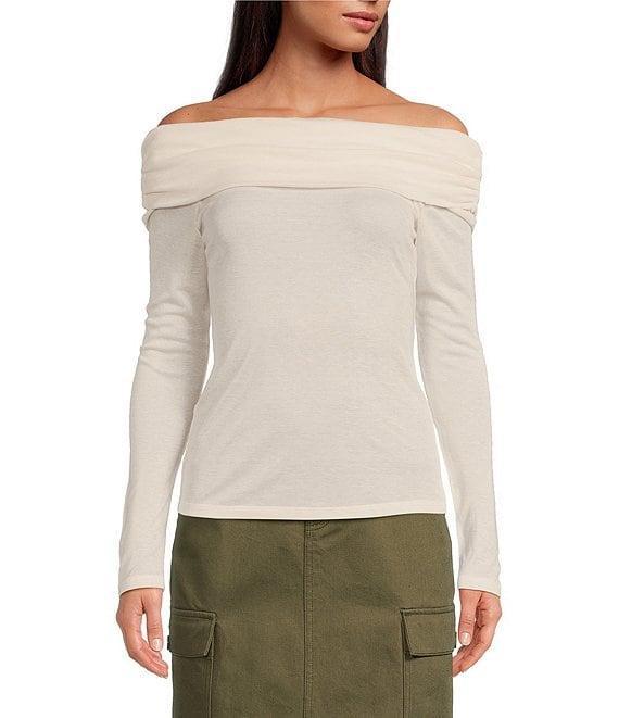 Gianni Bini Paige Knit Off-the-Shoulder Folded Neck Long Sleeve Crop Sweater Top Product Image