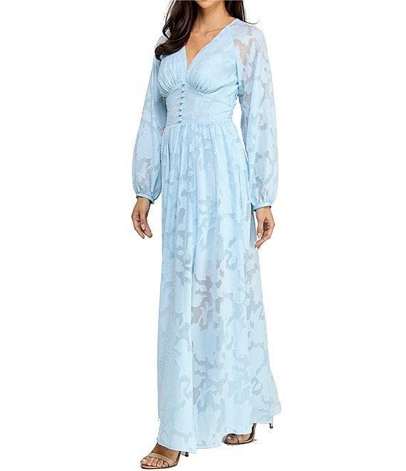 Layered With Love Alona Burnout Jacquard V-Neck Long Sleeve Button Front Side Slit Maxi Dress Product Image