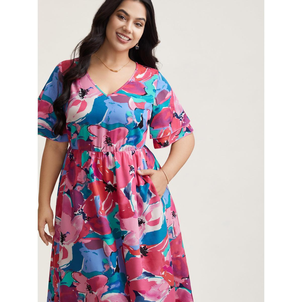 Plus Size Multi-Color Floral V-Neck Pockets Midi Dress Skyblue Women Elegant Ruffles V-neck Short sleeve Curvy BloomChic 14-16/1X Product Image