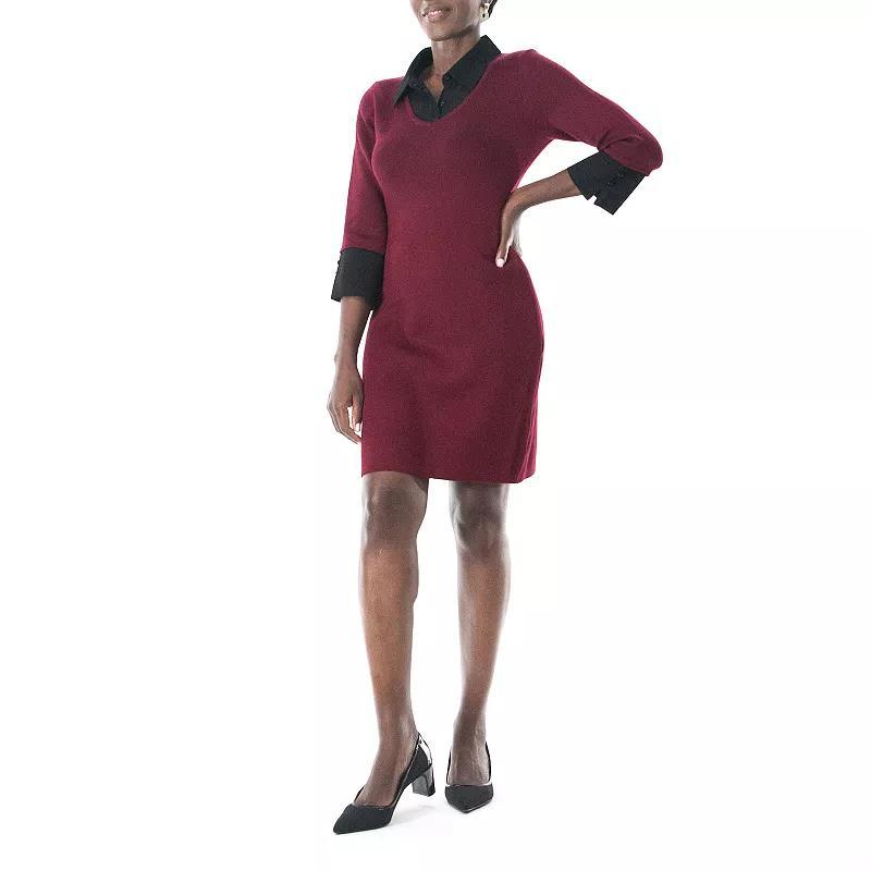Women's Nina Leonard Georgette Mock-Layer Sweater Dress, Size: Large, Wine Black Product Image