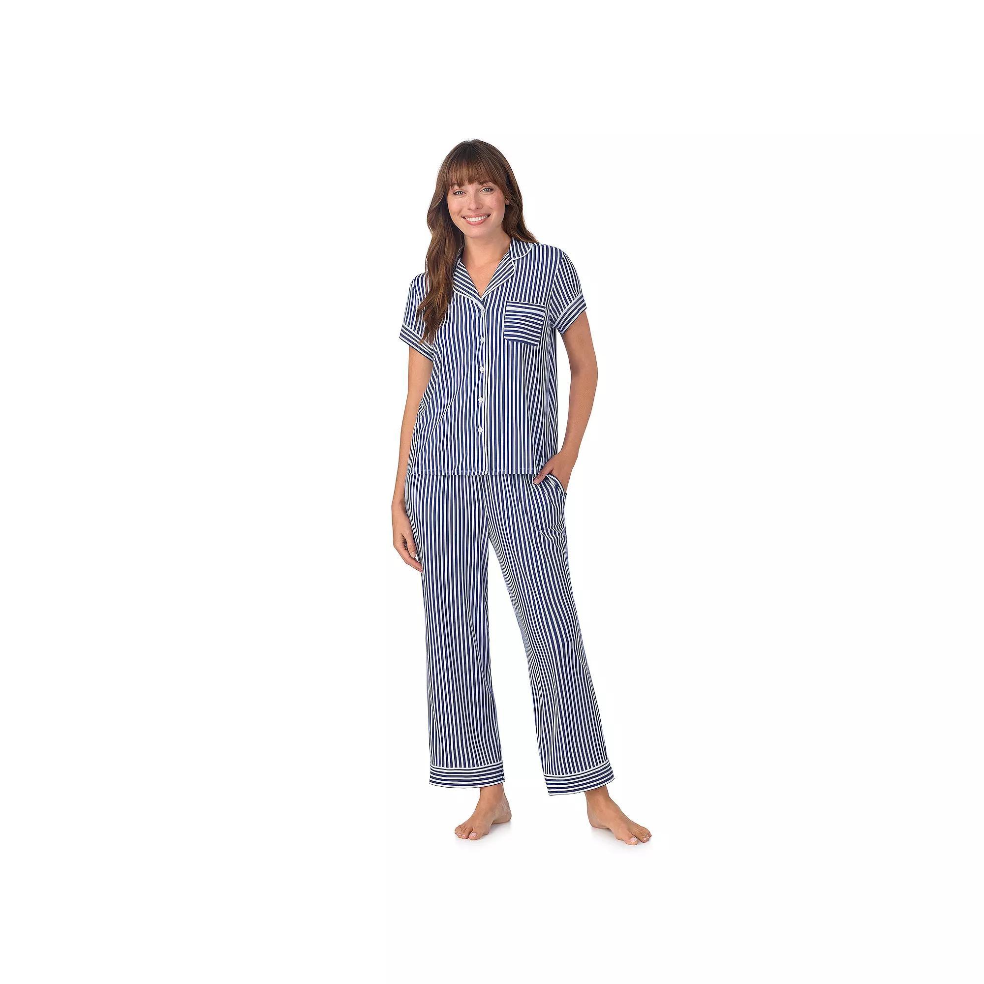 Women's Draper James 2-Piece Printed Cozy Short Sleeve Notch Collar Pajama Top & Pajama Pants Set, Size: Large, Blue Stripe Product Image