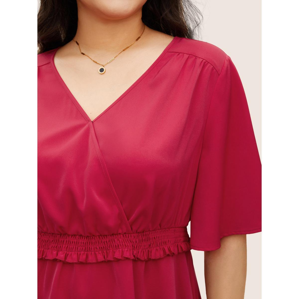 Plus Size Red Solid Surplice Neck Shirred Frill Trim Blouse Women Elegant Short sleeve Overlap Collar Everyday Blouses BloomChic 28/5X Product Image