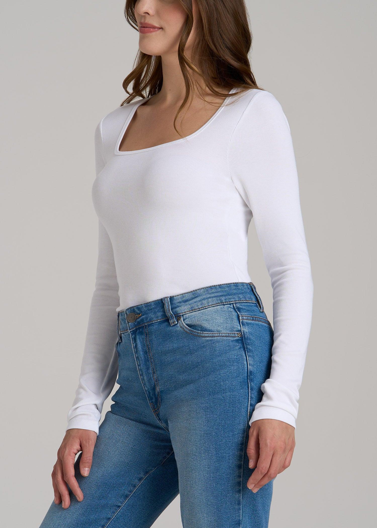 Long Sleeve Ribbed Squareneck Top for Tall Women in Bright White Product Image