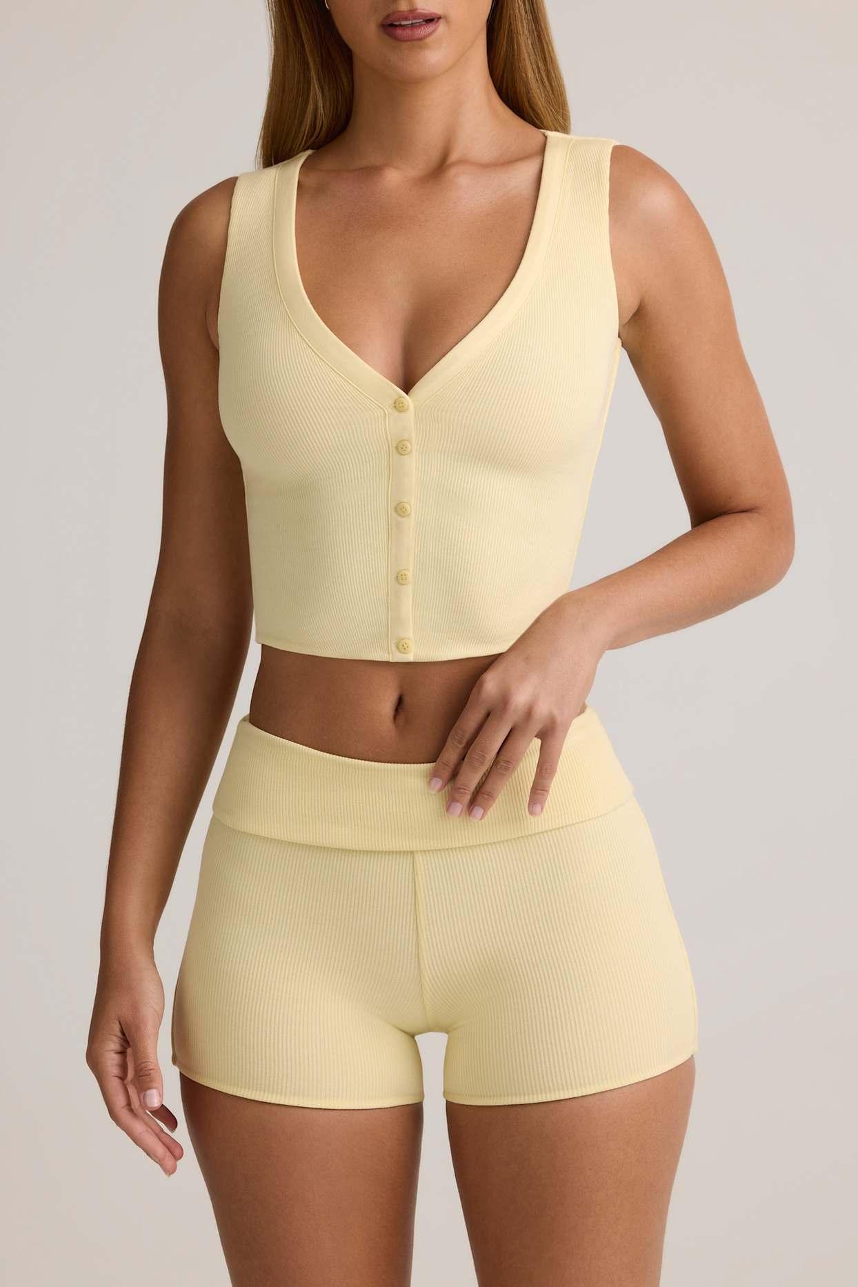 Modal Ribbed Button-Up Vest Top in Buttercream Yellow Product Image