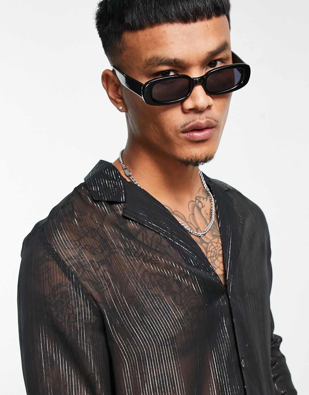 ASOS DESIGN regular shirt in black sheer with gold stripe Product Image