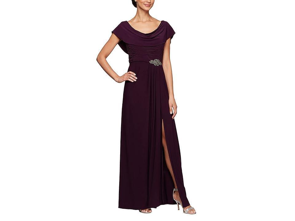 Alex Evenings Matte Jersey Cowl Neck Drape Back Detail Short Sleeve Side Embellishment Pleated Thigh High Slit Long Gown Product Image