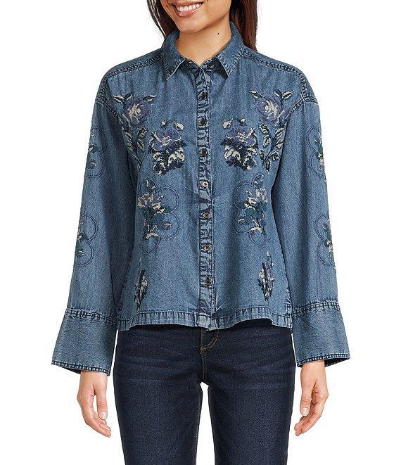 Tru Luxe Jeans Embroidered Collared Neck Long Sleeve Top Product Image