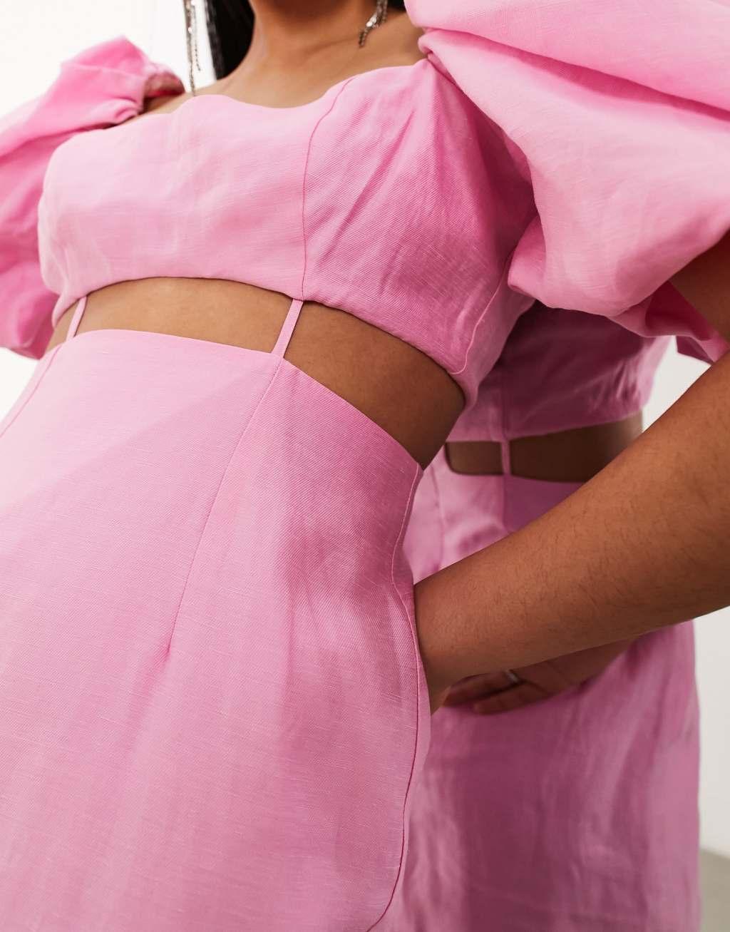 ASOS EDITION washed puff sleeve midaxi dress with cut out waist detail Product Image