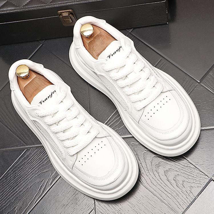 Hidden Wedge Mesh Panel Lace-Up Faux Leather Sneakers Product Image