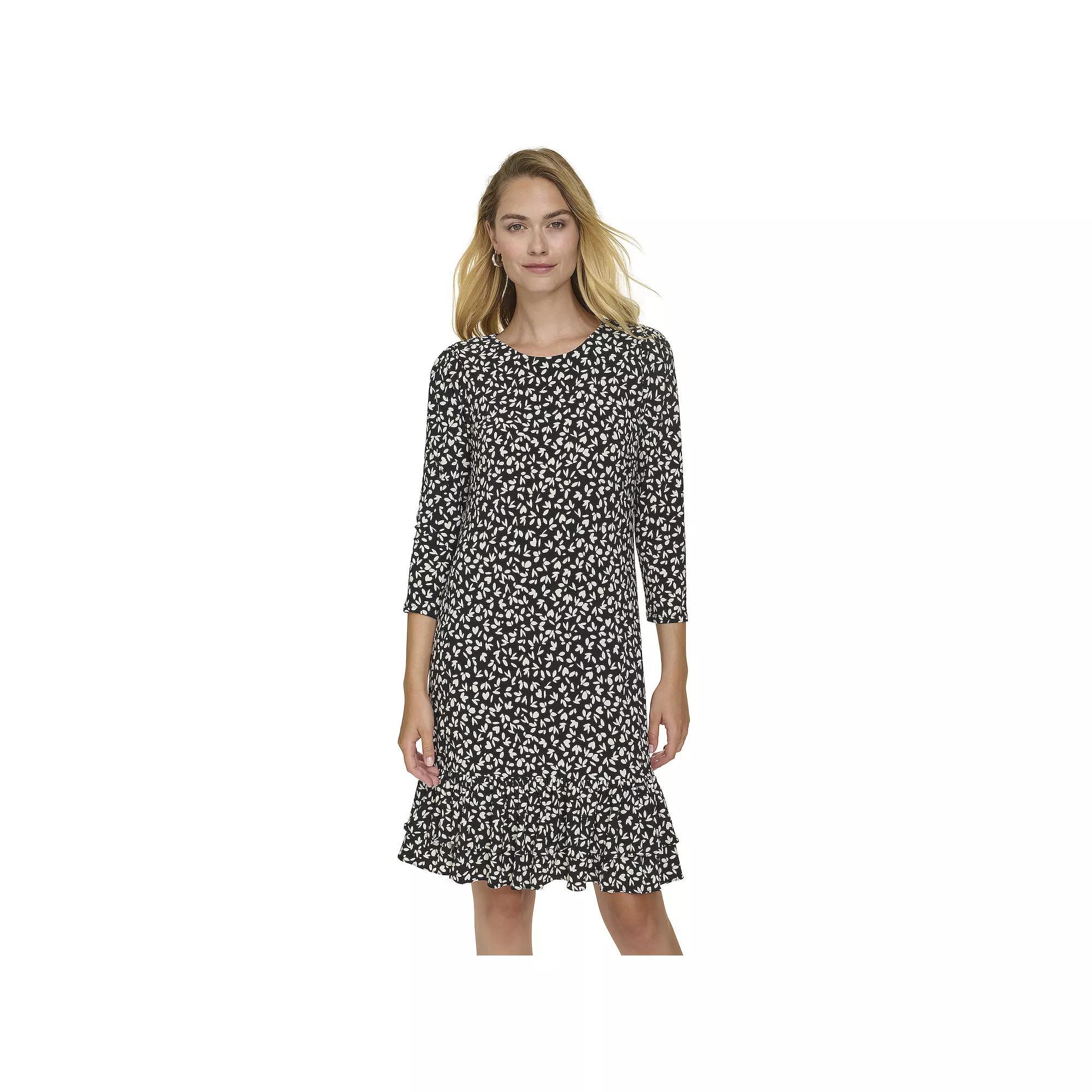 Women's Harper Rose 3/4-Sleeve Ruffle Hem Shift Dress, Size: 8, Black Ditsy Product Image