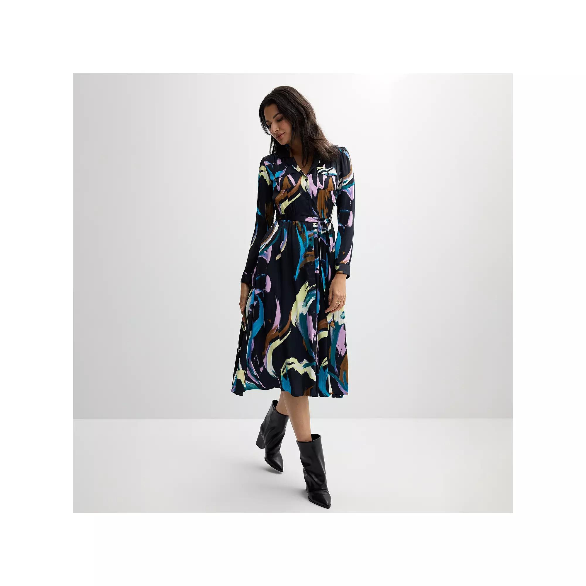 Women's Nine West Midi Shirt Dress, Size: Large, Multi Brush Flares Product Image