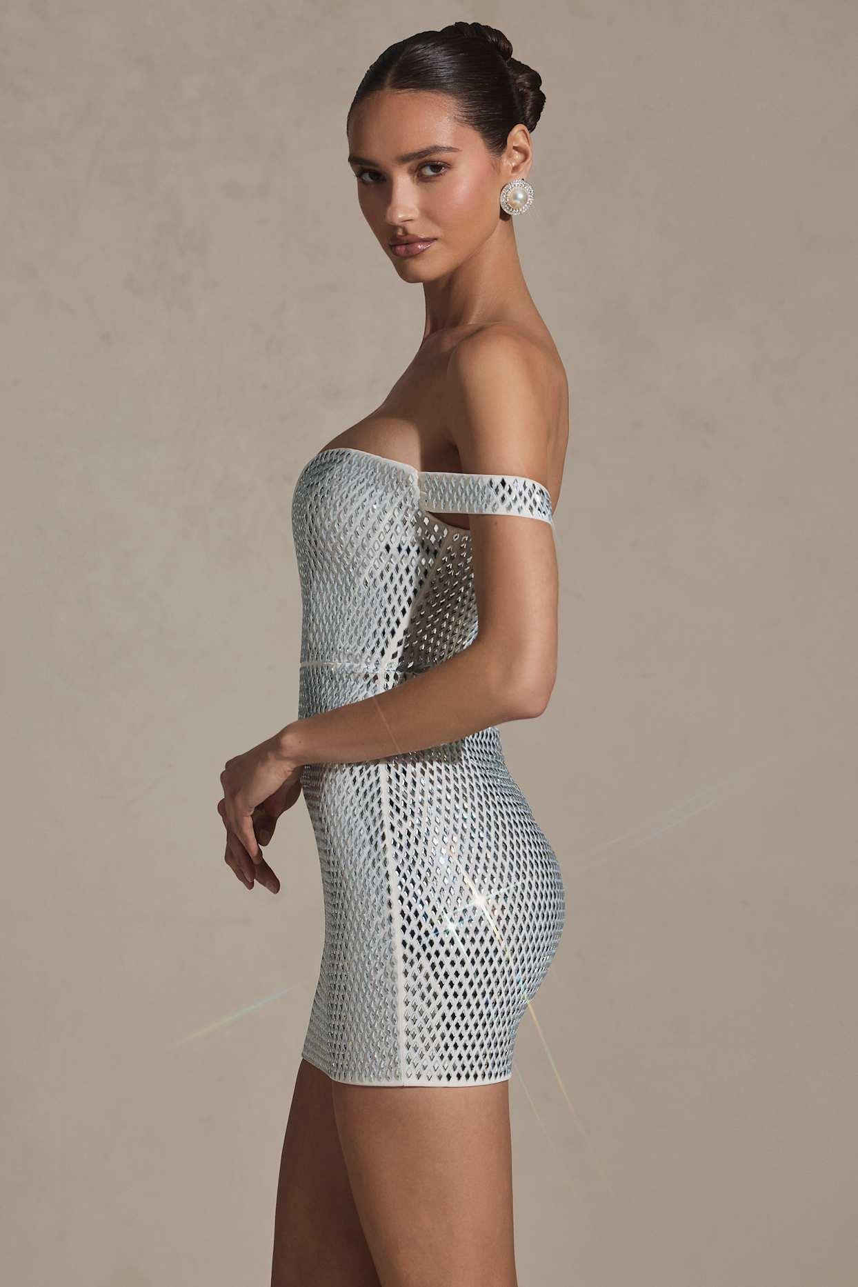 Embellished Off-Shoulder Mini Dress in White Product Image