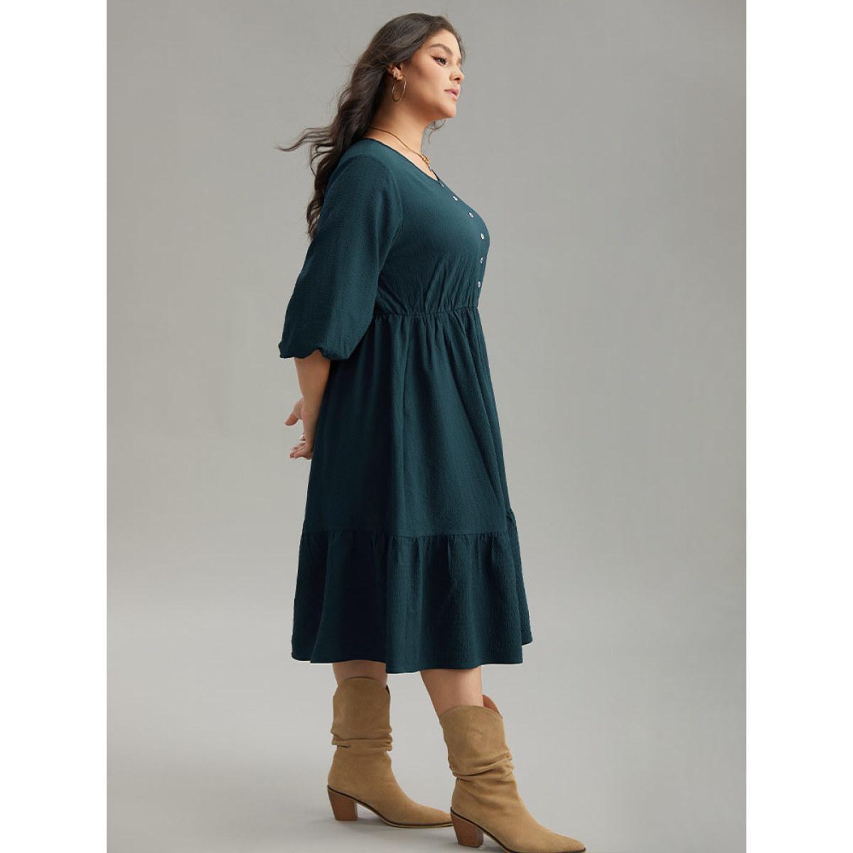 Plus Size Plain Textured Button Detail Pocket Dress DarkGreen Women Vacation Elastic cuffs Round Neck Elbow-length sleeve Curvy Midi Dress BloomChic 12/L Product Image