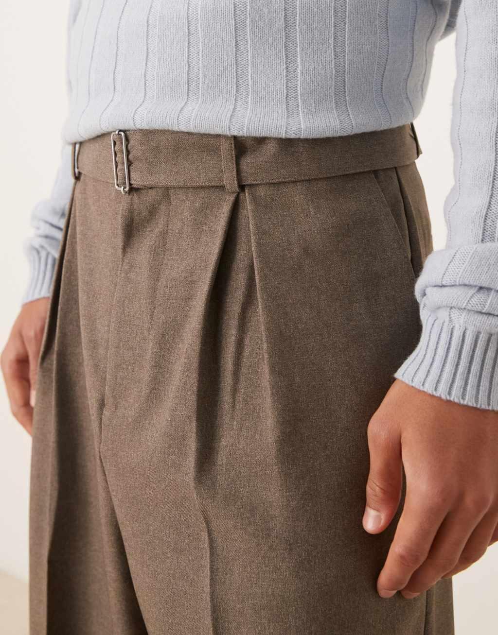 ASOS DESIGN smart wide leg belted pants with front pleats in brown Product Image