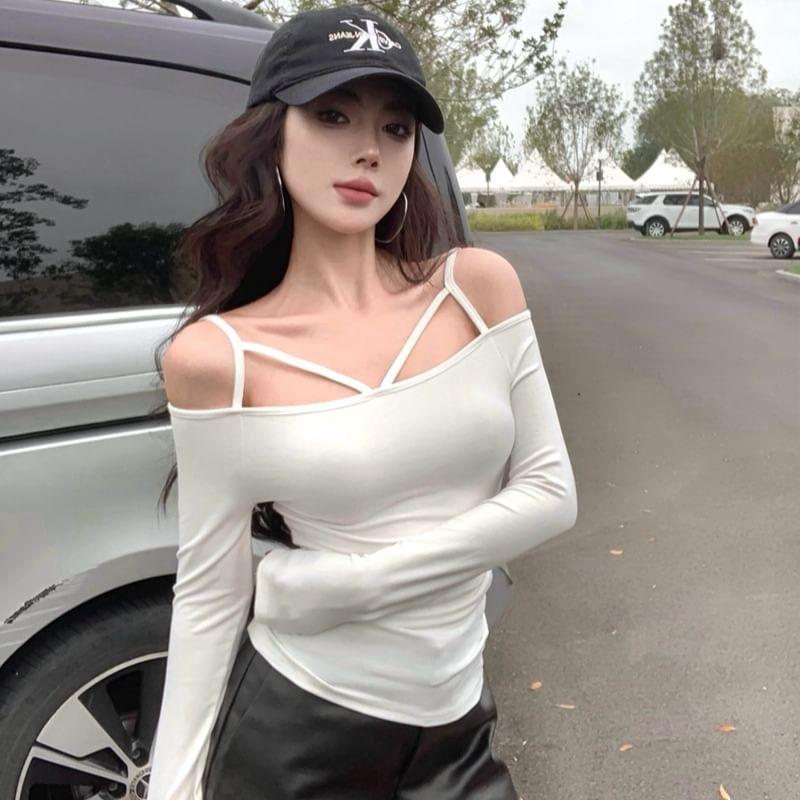 Long Sleeve Cold Shoulder Plain Strapped Top Product Image