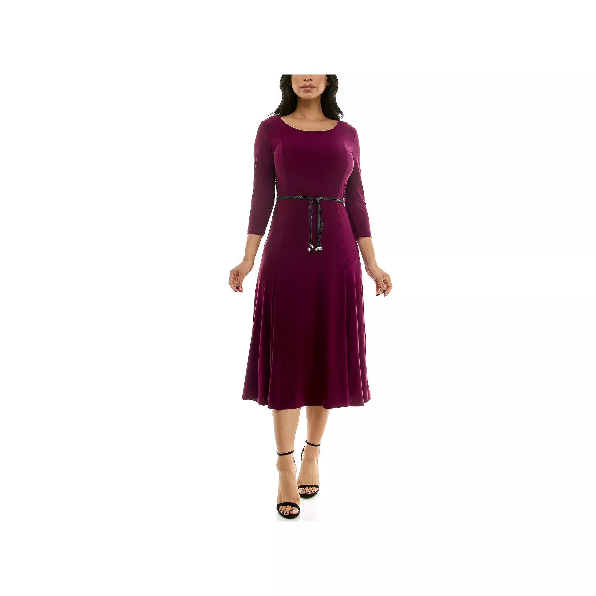 Women's Nina Leonard Sylvia Three-Quarter Sleeve Belted Midi Dress, Size: XL, Crisp Pink Product Image
