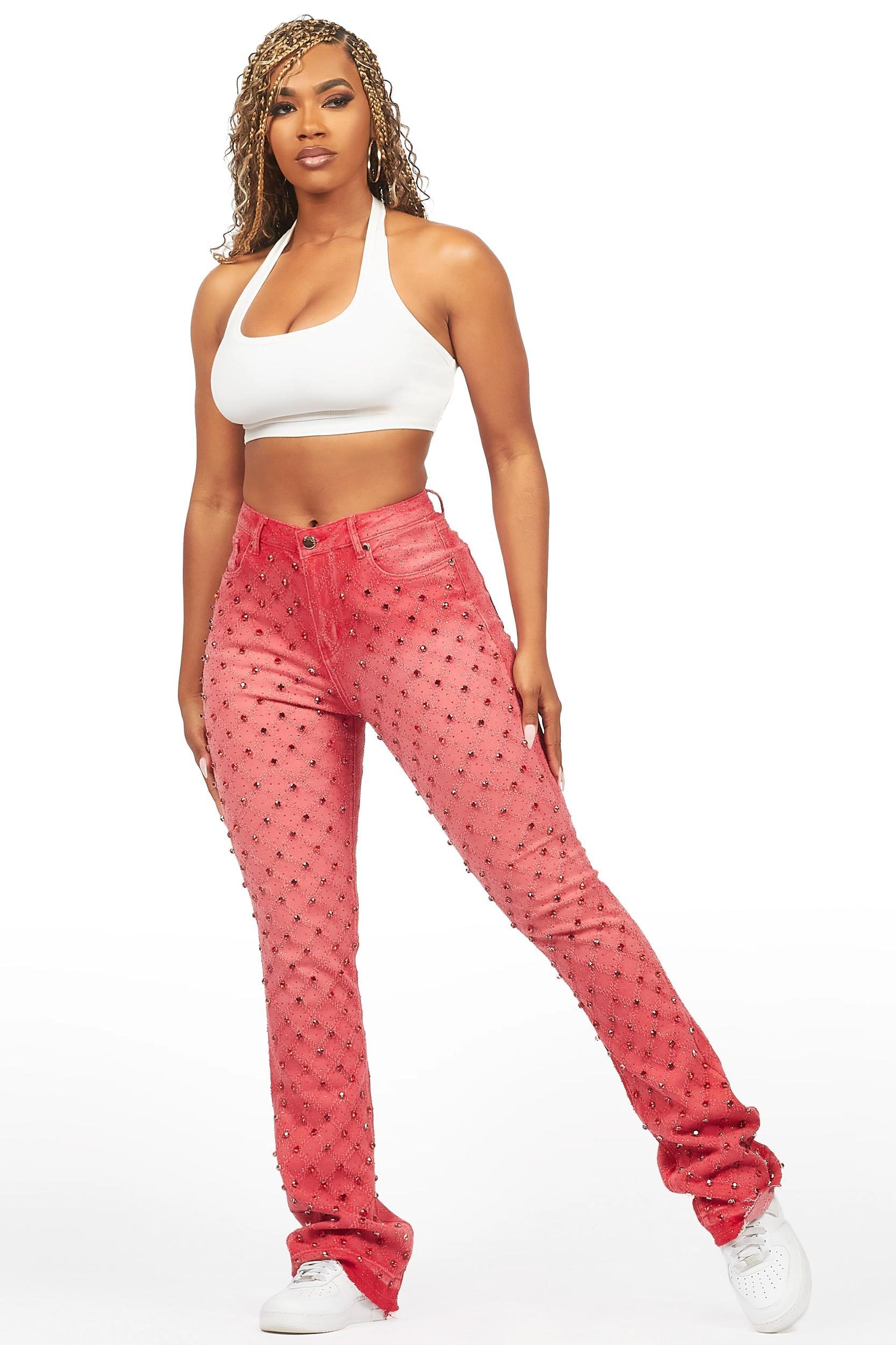 Sareka Red Rhinestone Stacked Flare Jean Female Product Image