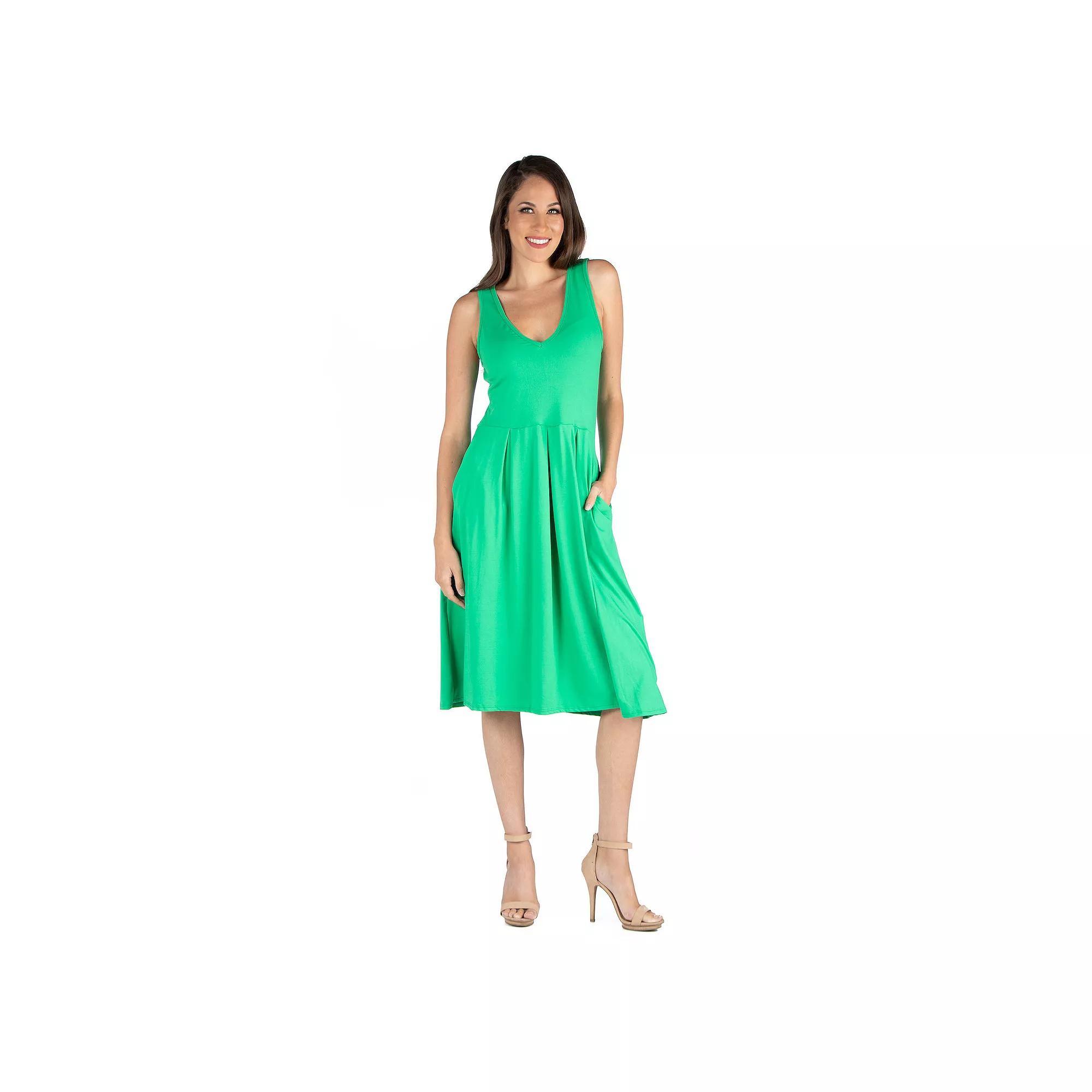 Women's 24seven Comfort Apparel Fit And Flare Sleeveless Midi Tank Top Dress with Pockets, Size: Medium, Green Product Image