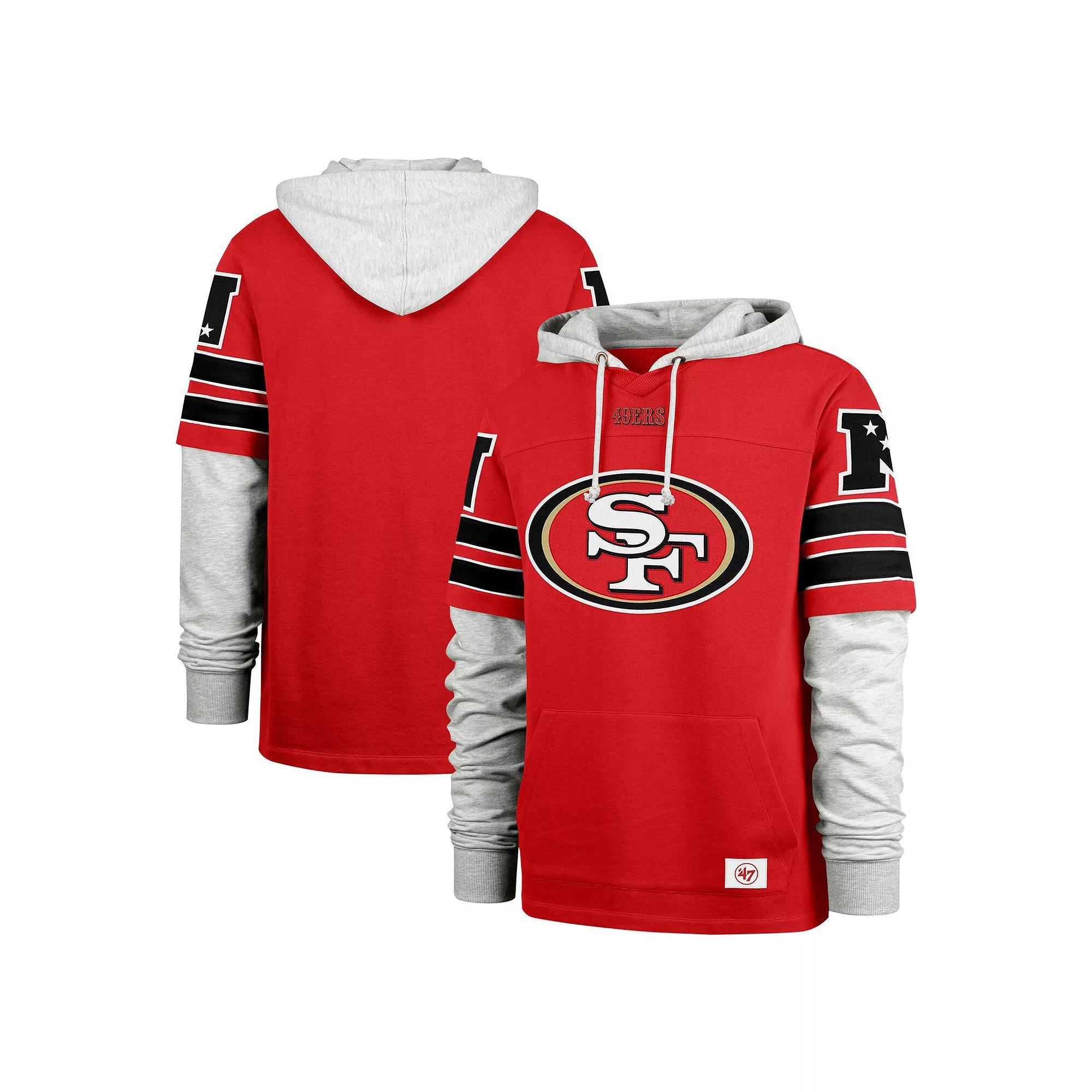 Men's '47 Scarlet San Francisco 49ers Double Header Blitz Cornerback Pullover Hoodie, Size: Medium, Red Product Image
