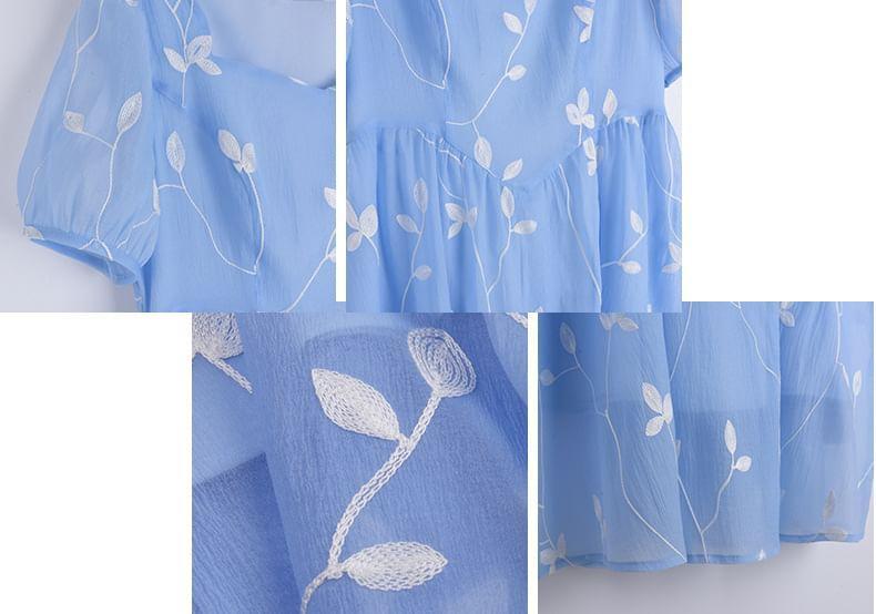 Short-Sleeve Leaf Embroidered Midi A-Line Dress Product Image