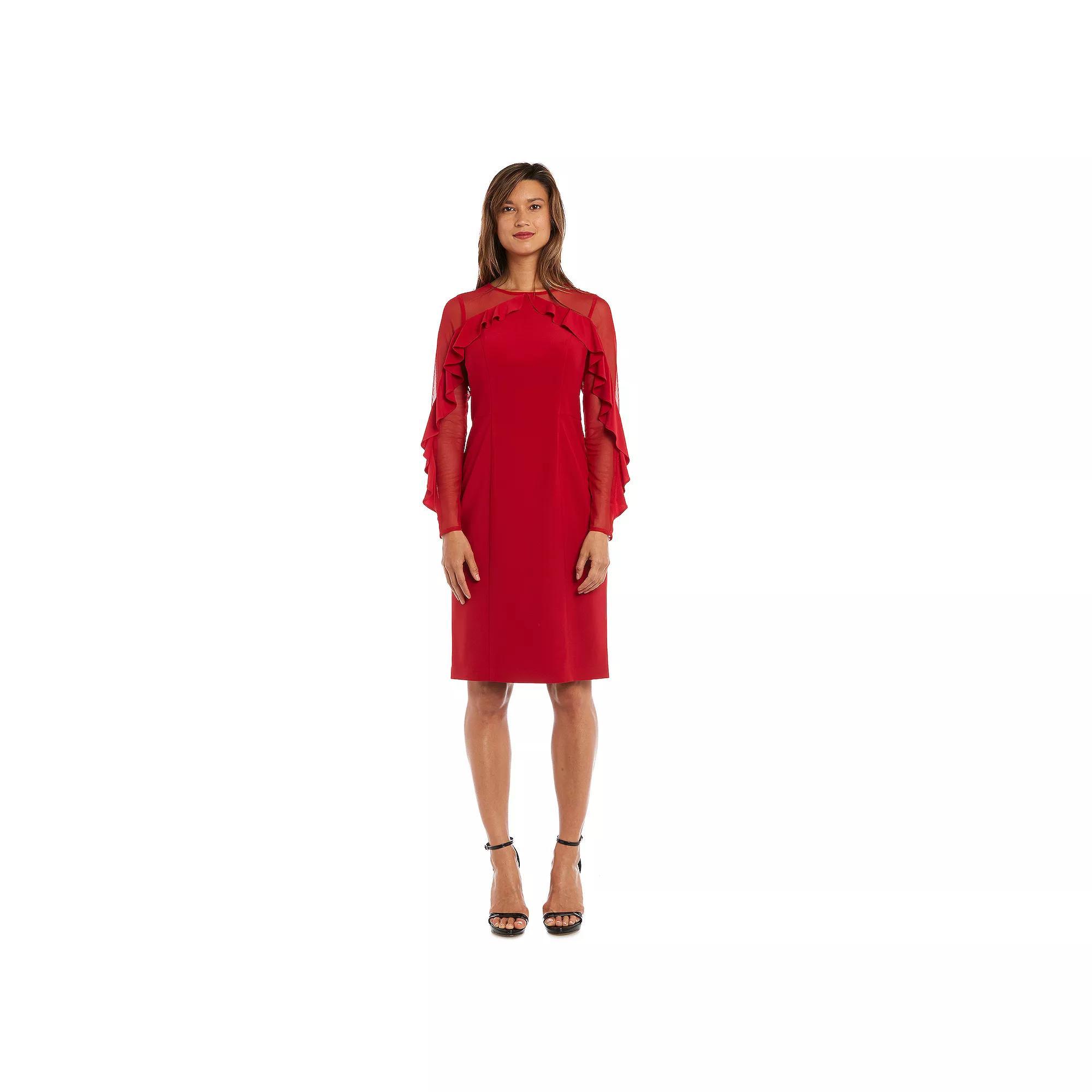 Women's R&M Richards Sheer Detailed Long Sleeve Ruffly Midi Dress, Size: 8, Red Product Image