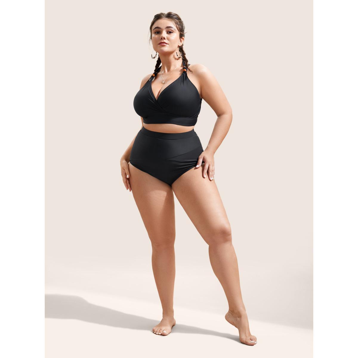Plus Size High Rise Plain Patchwork Swim Bottom Women's Swimwear Black Beach Non High stretch Skinny High Rise Curve Swim Bottoms BloomChic 10/M Product Image