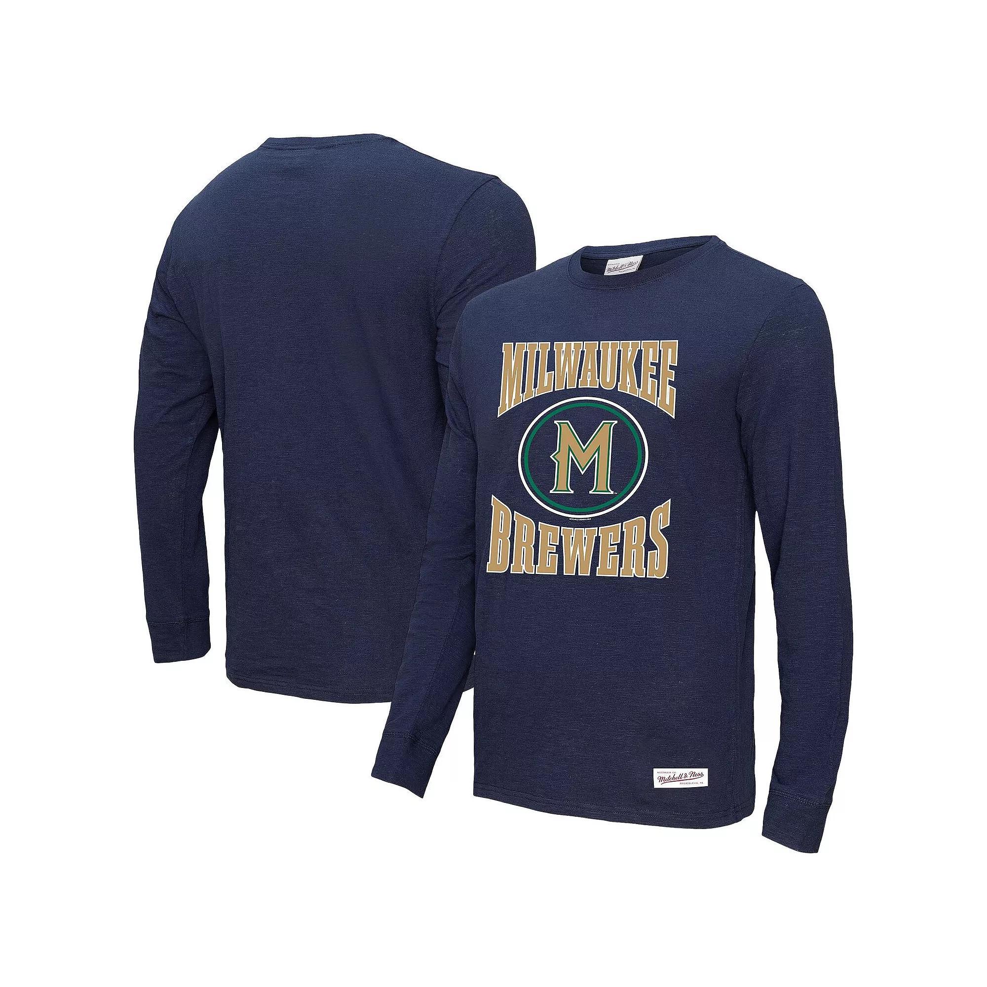 Men's Mitchell & Ness Navy Milwaukee Brewers Arched Logo Slub Long Sleeve T-Shirt, Size: XL, Blue Product Image