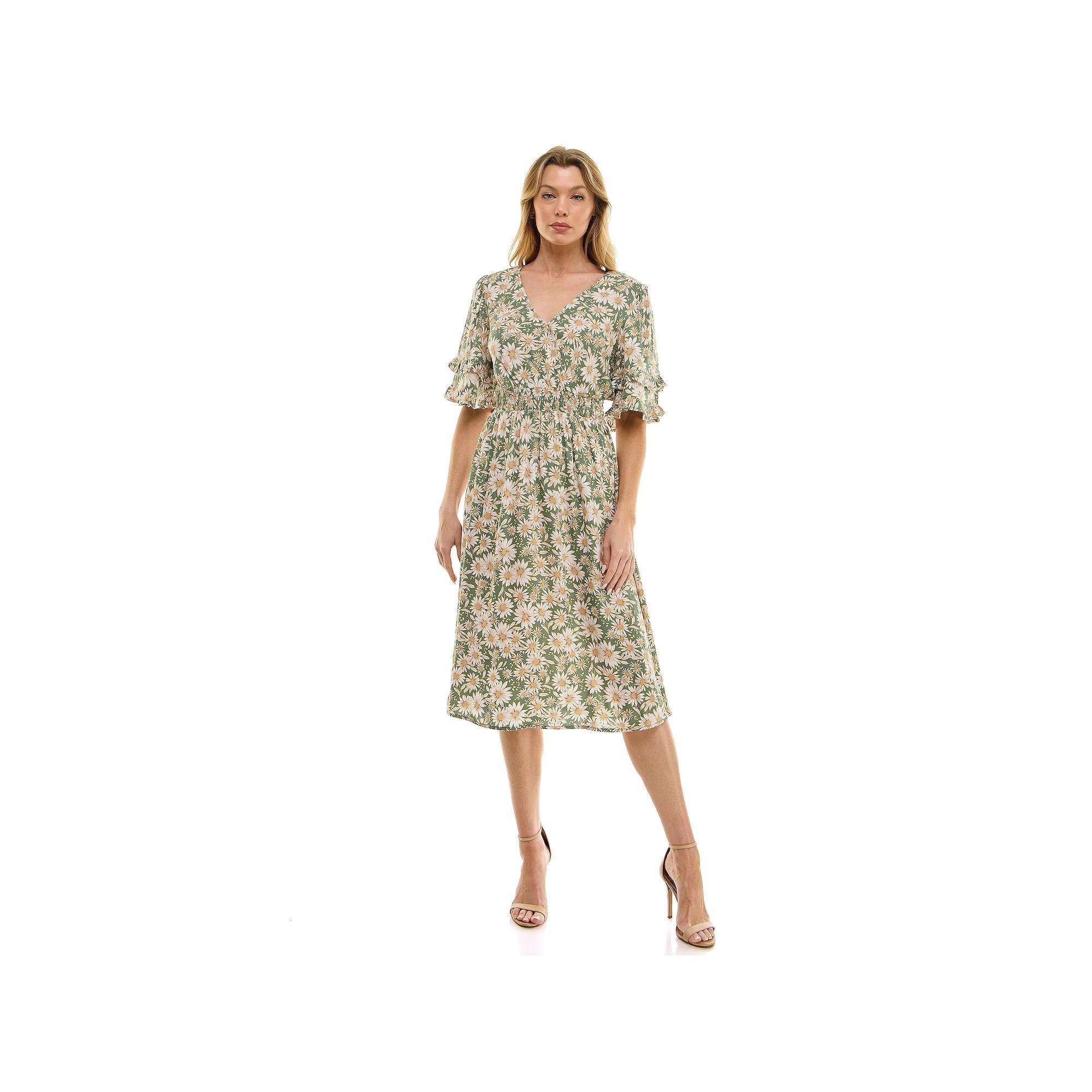 Women's Luxology Smocked Waist Surplice Dress, Size: Small, Sage Ivory Product Image