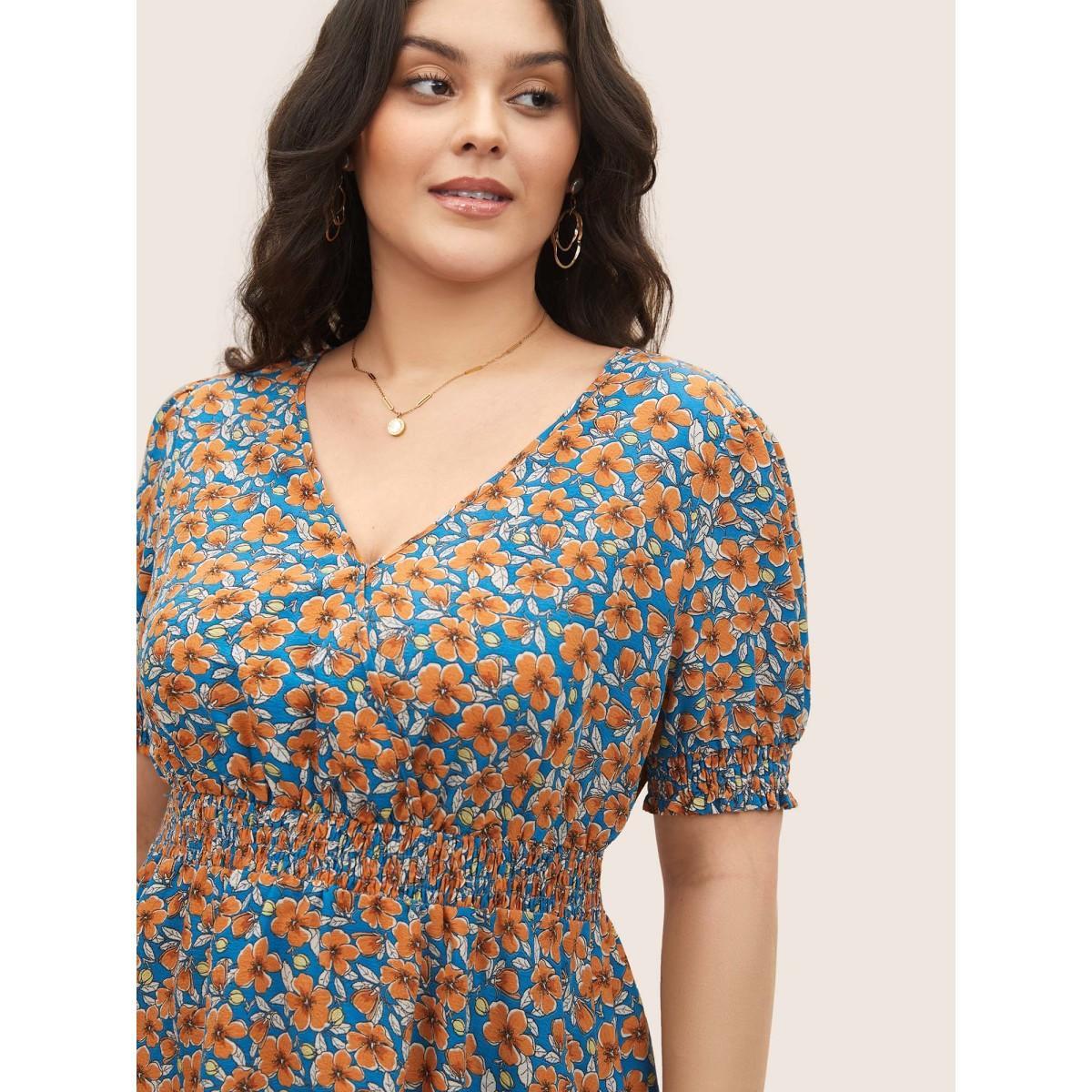 Plus Size Cerulean Floral Surplice Neck Shirred Lantern Sleeve Blouse Women Elegant Short sleeve Overlap Collar Everyday Blouses BloomChic 22-24/3X Product Image