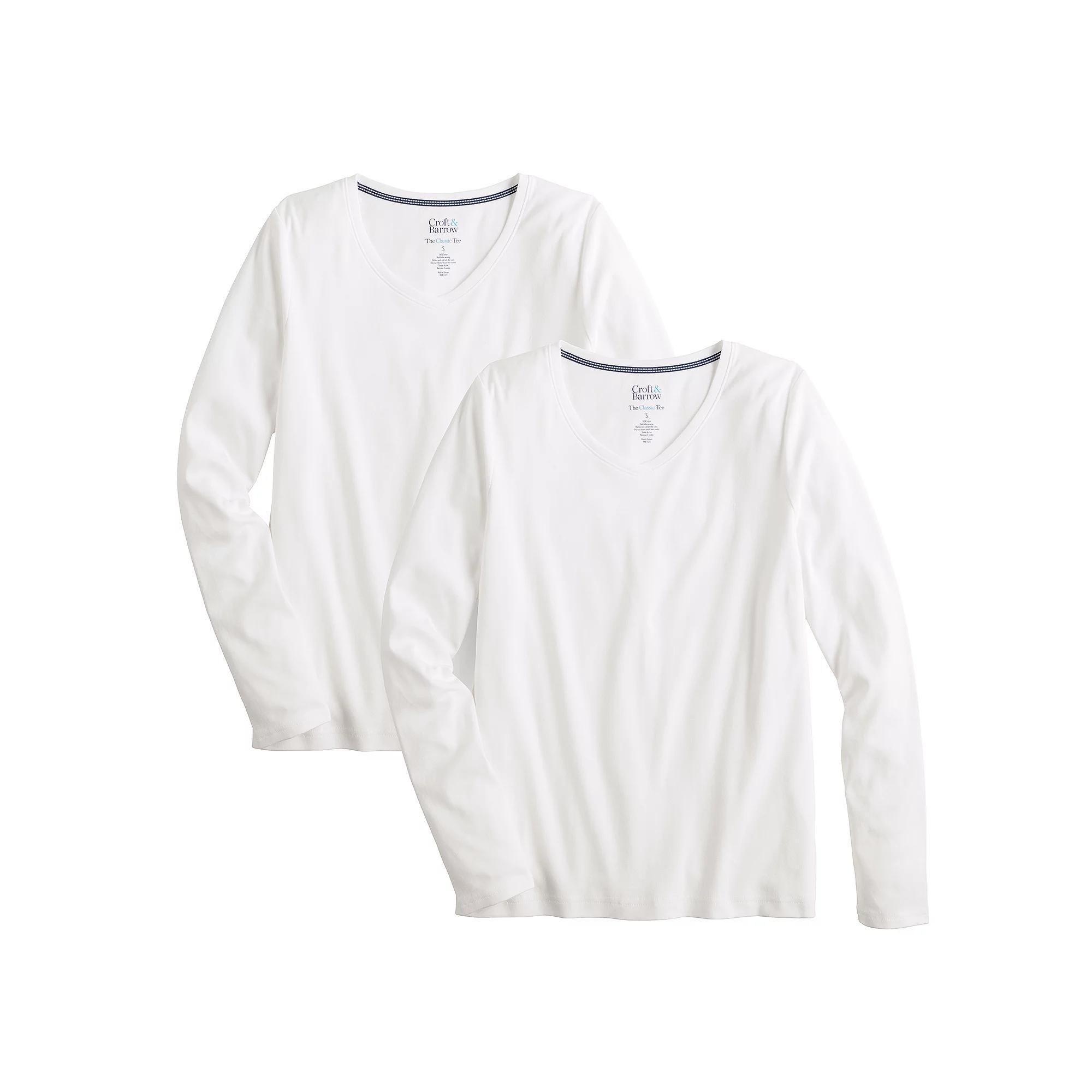 Women's Croft & Barrow® Long Sleeve 2-Pack V-Neck Tees, Size: Large, White White Pack Product Image