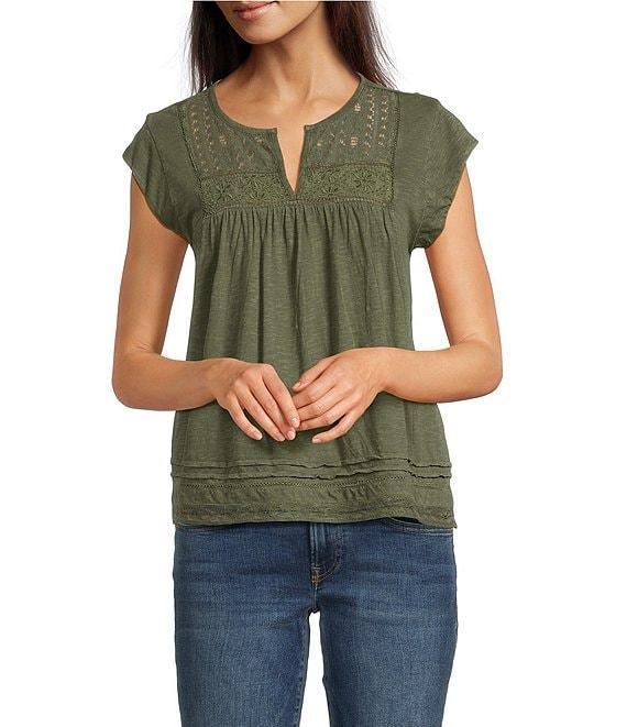 Lucky Brand Knit Lace V-Neck Short Sleeve Top Product Image