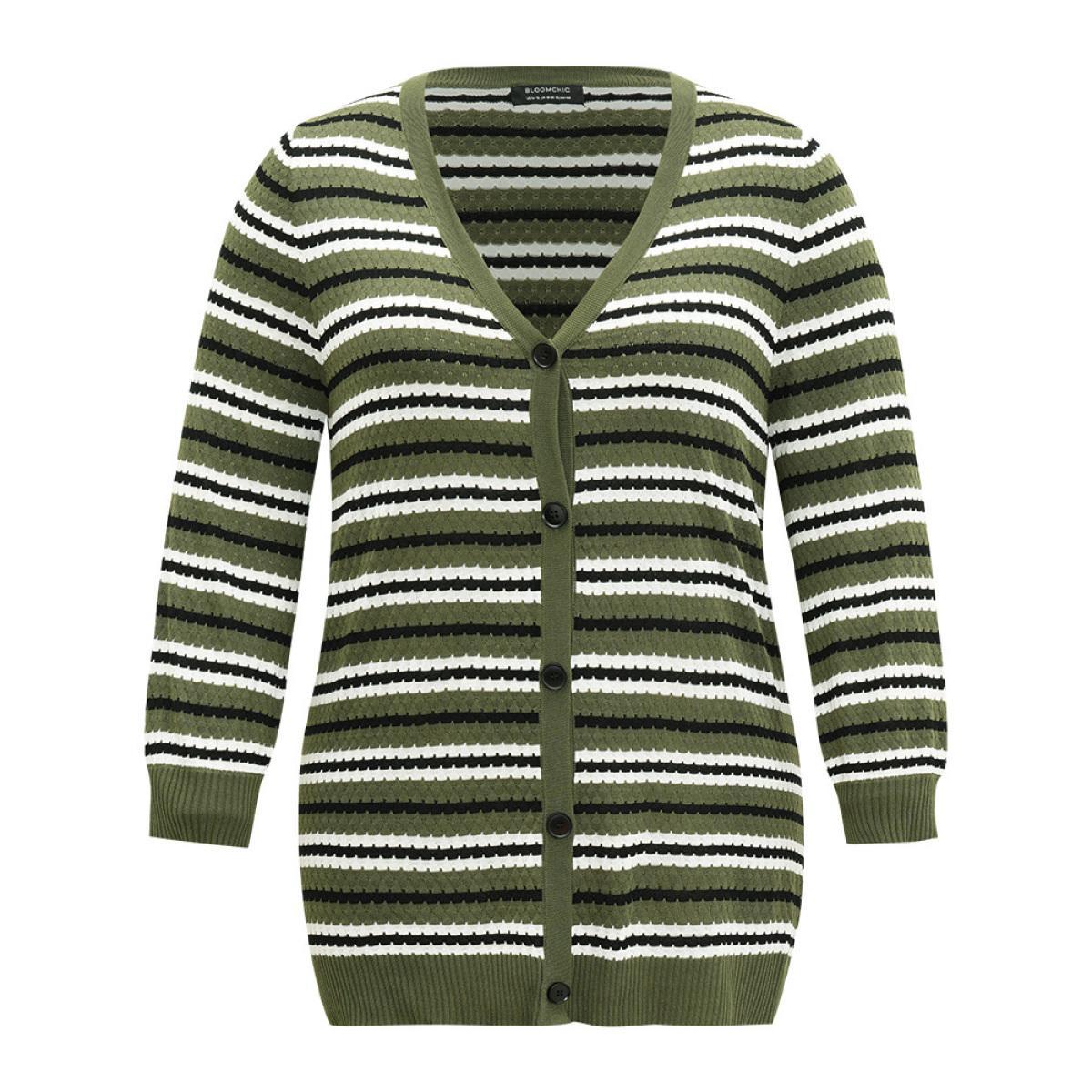 Plus Size Striped Contrast Elastic Cuffs Button Through Cardigan Multicolor Women Glamour Loose Long Sleeve Dailywear Cardigans BloomChic 26/4X Product Image