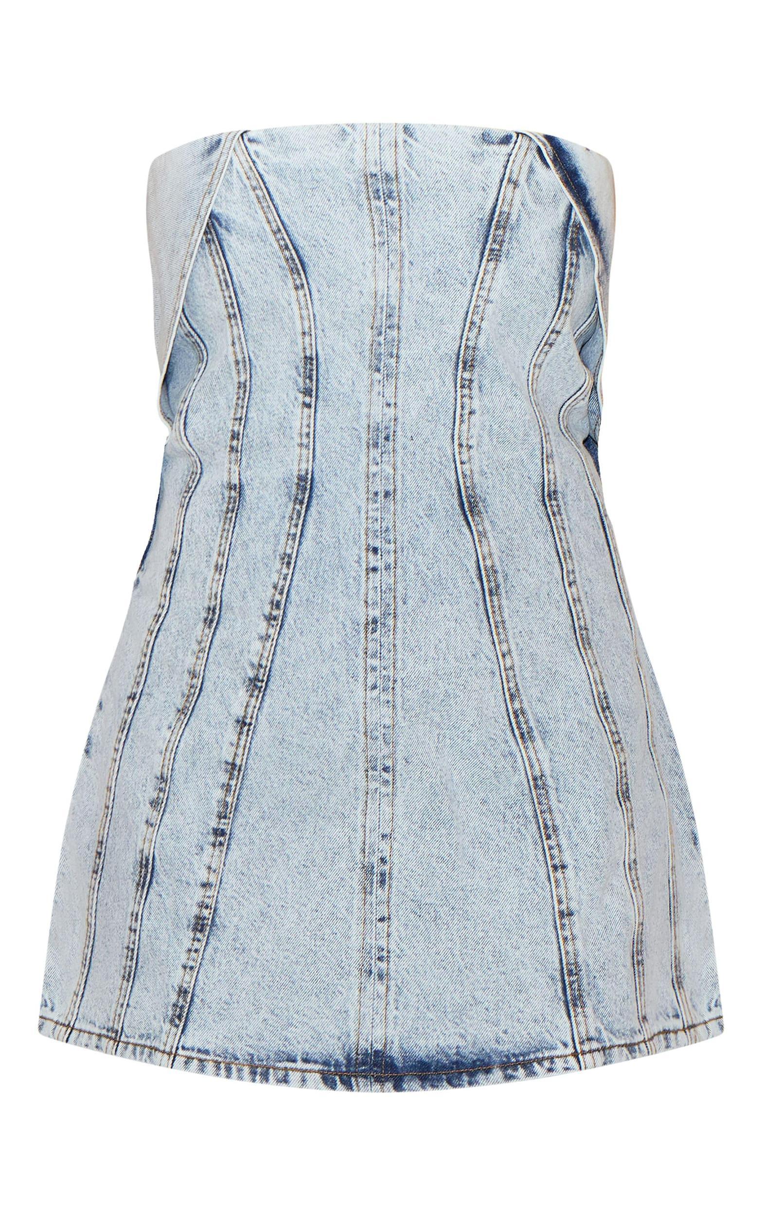 Plus Light Blue Seam Fold Over Bust Detail Denim Dress Product Image