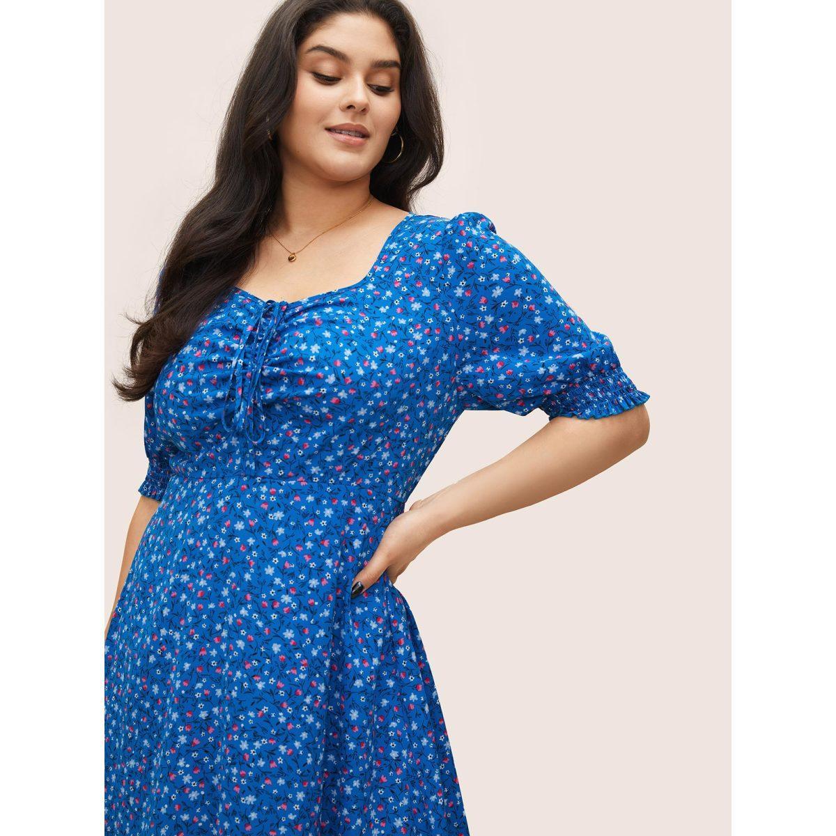 Plus Size Ditsy Floral Drawstring Shirred Cuffs Dress Blue Women Elegant Non Square Neck Half Sleeve Curvy Midi Dress BloomChic 28/5X Product Image