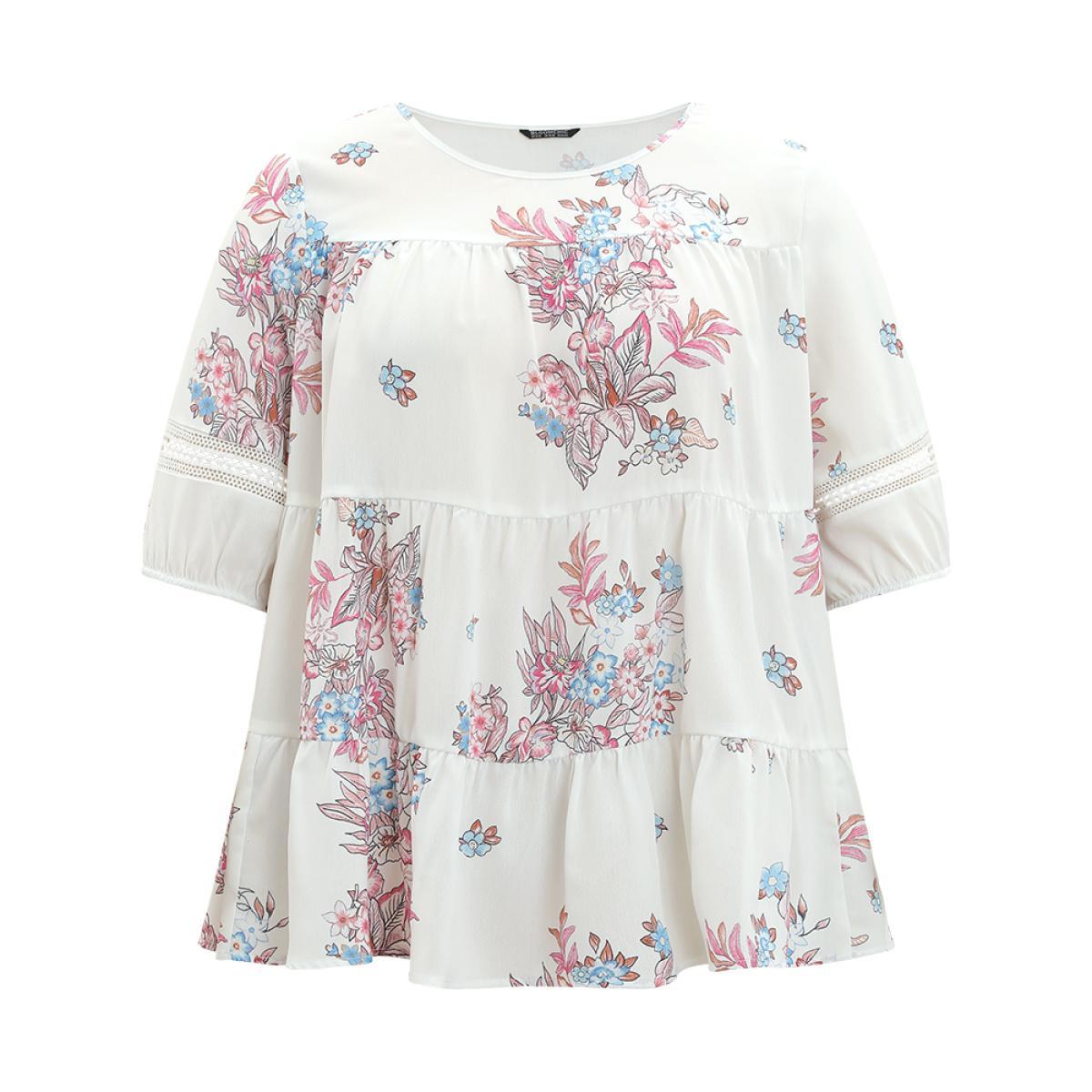 Plus Size White Floral Print Patchwork Ruffle Layered Hem Lantern Sleeve Blouse Women Elegant Half Sleeve Round Neck Dailywear Blouses BloomChic 28/5X Product Image