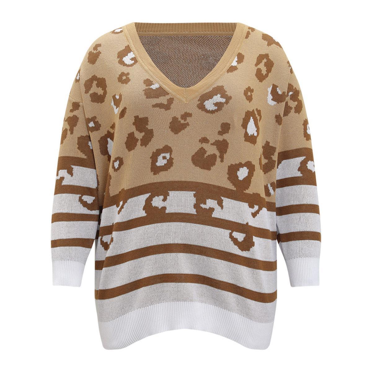 Plus Size Leopard Striped Elastic Cuffs Pullover Leopard Women Casual Loose Long Sleeve V-neck Dailywear Pullovers BloomChic 14-16/1X Product Image