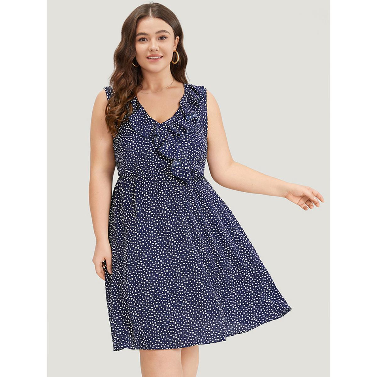 Plus Size Polka Dot Ruffle Trim V Neck Sleeveless Dress DarkBlue Women Elegant Pocket V-neck Sleeveless Curvy Knee Dress BloomChic 18-20/2X Product Image