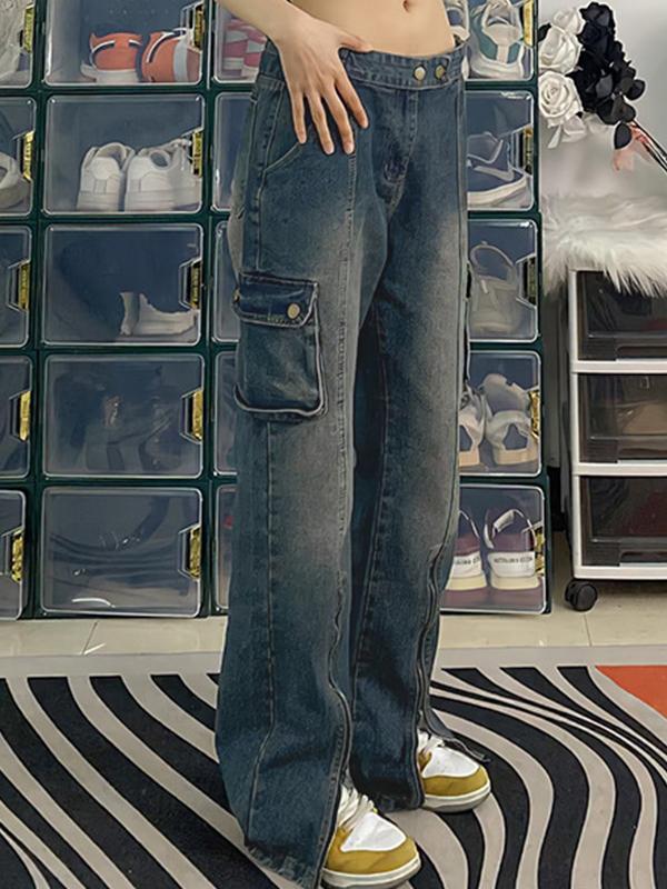 Vintage Wash Multi Pocket Zip Up Cargo Jeans Product Image