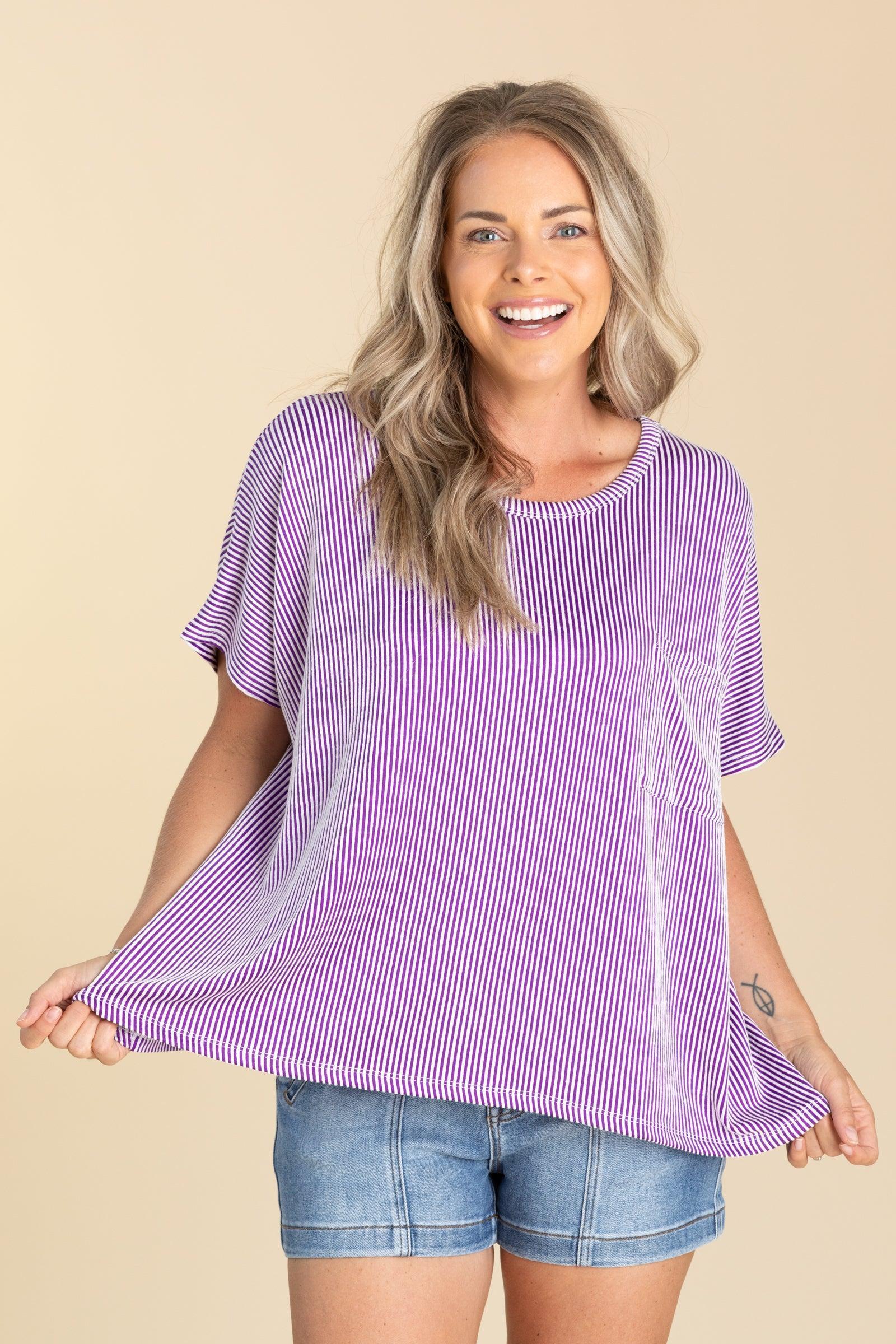 Ribbed Front Pocket Short Sleeve Knit Tops Product Image