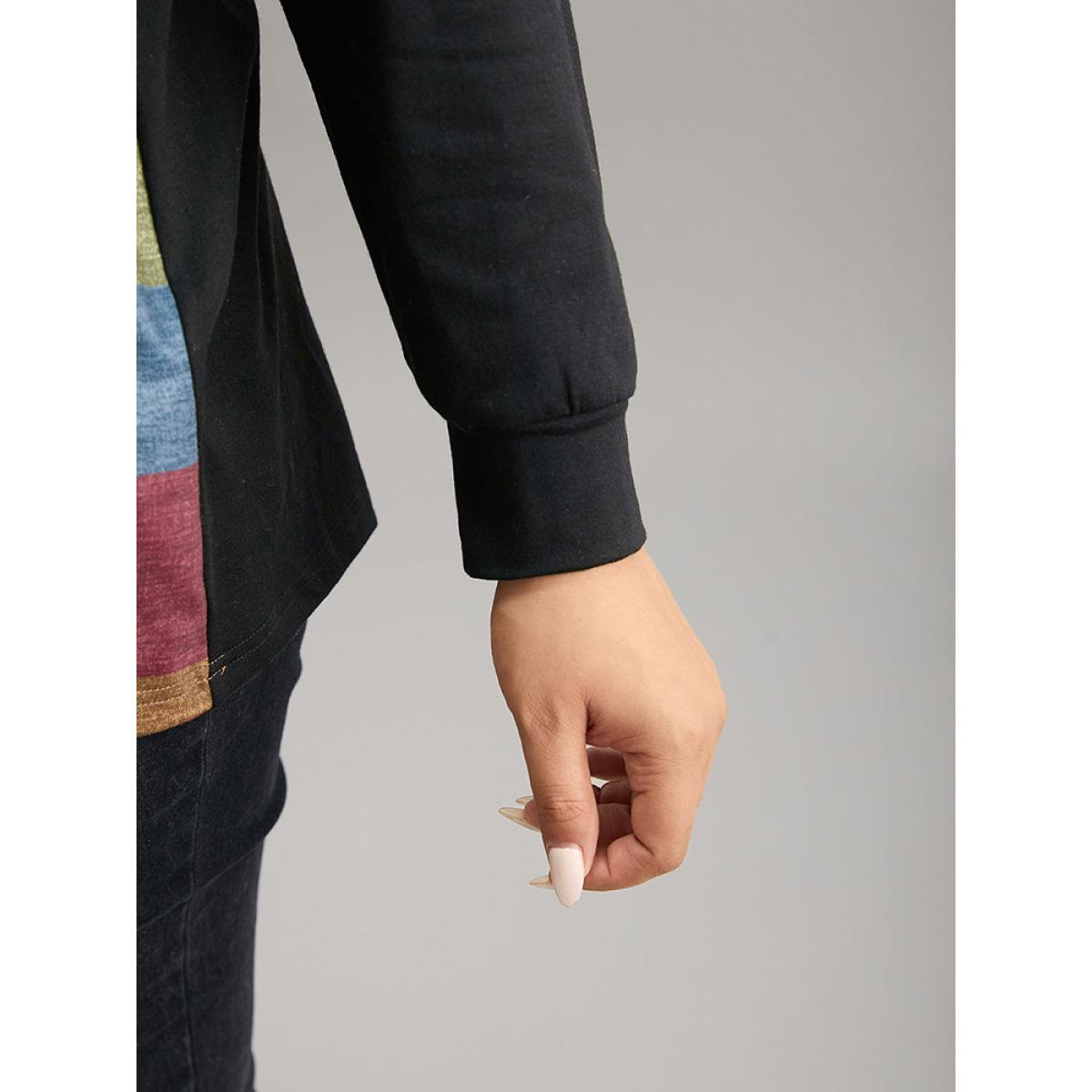 Plus Size Colorblock Contrast Notched Button Detail T-shirt Black Women Casual Contrast Striped Notched collar Dailywear T-shirts BloomChic 22-24/3X Product Image