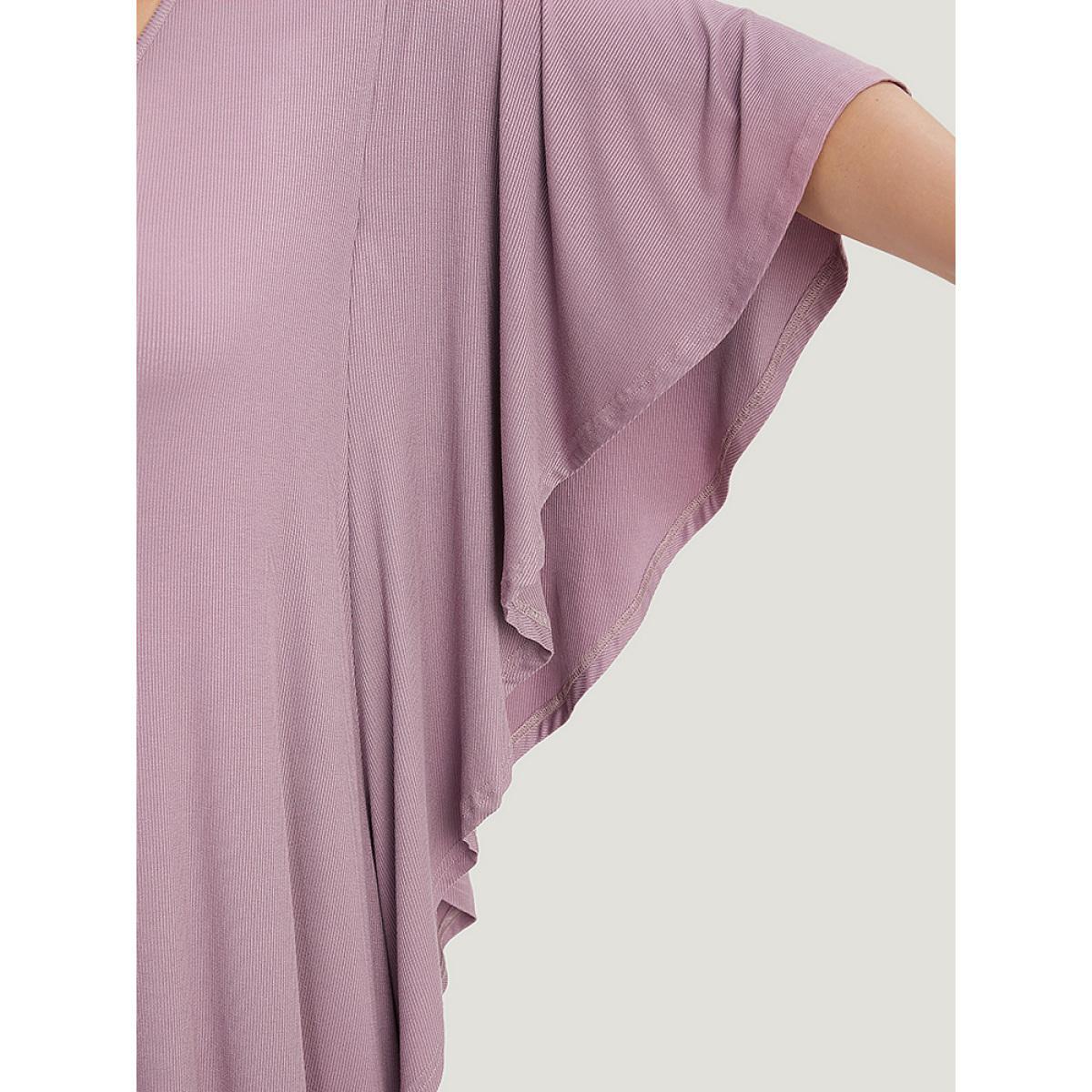 Plus Size Solid Dolman Sleeve Ruffle Trim Pocket Rib Knit Knee Dress Mauve Women Casual Pocket V-neck Half Sleeve Curvy Knee Dress BloomChic 30/6X Product Image