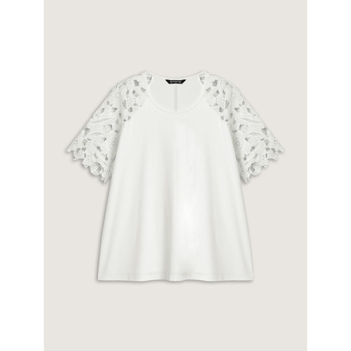 Plus Size Lace Cut-Out Sleeve Solid T-Shirt Originalwhite Women Round Neck Everyday-Casual T-shirts BloomChic 18-20/2X Product Image