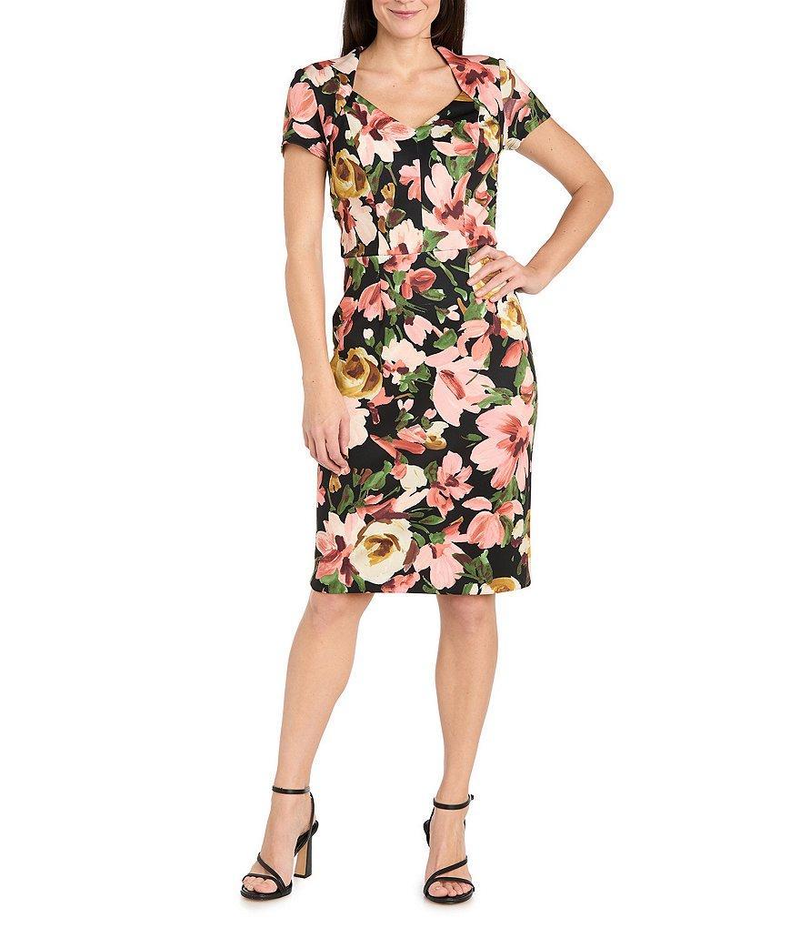 R & M Richards Sweetheart Neck Floral Print Scuba Sheath Dress Product Image