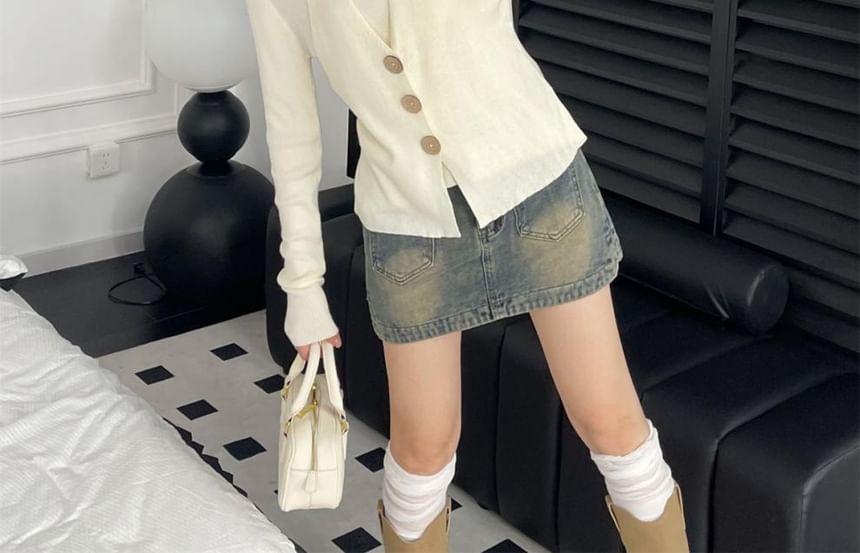 Mock Two-Piece Long-Sleeve Halter Plain Button Ribbed Knit Top Product Image