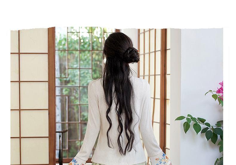 Long-Sleeve Floral Embroidered Top / High Waist Floral Jacquard Wide Leg Pants / Vest Product Image