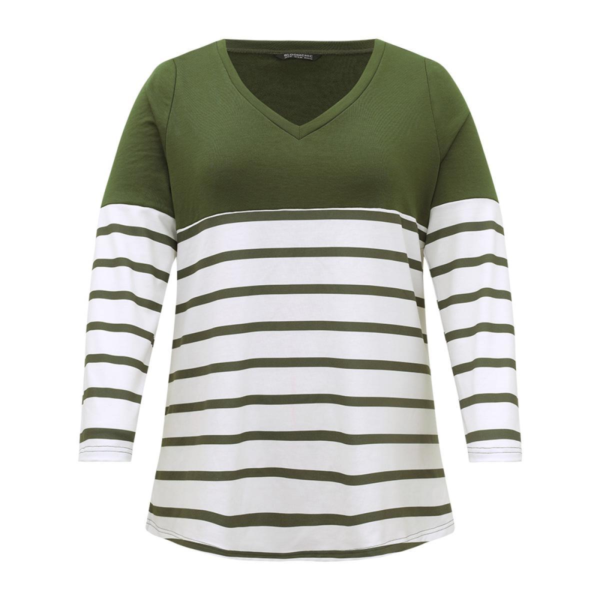 Plus Size Striped Patchwork Contrast V Neck Sweatshirt Women Green Casual Contrast V-neck Dailywear Sweatshirts BloomChic 10/M Product Image