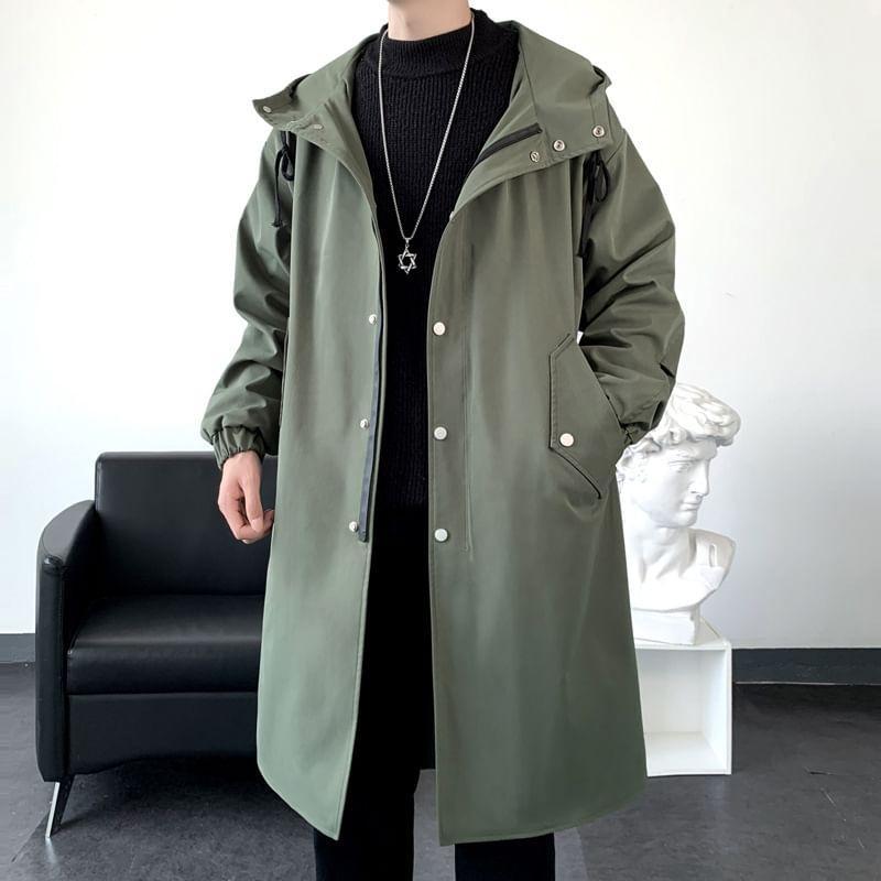 Hooded Button-Up Long Trench Coat Product Image