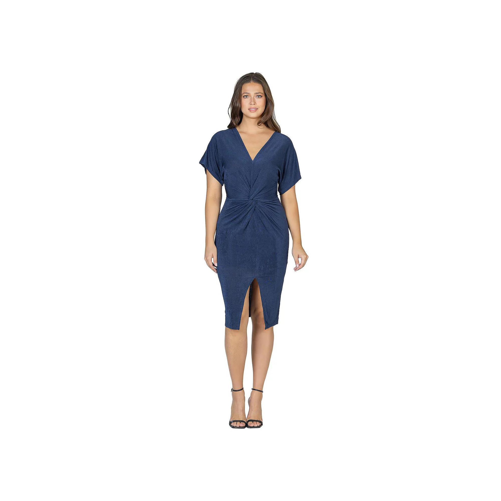 Women's 24Seven Comfort Apparel Short Sleeve V Neck Twist Front Split Hem Dress, Size: Small, Hunter Product Image