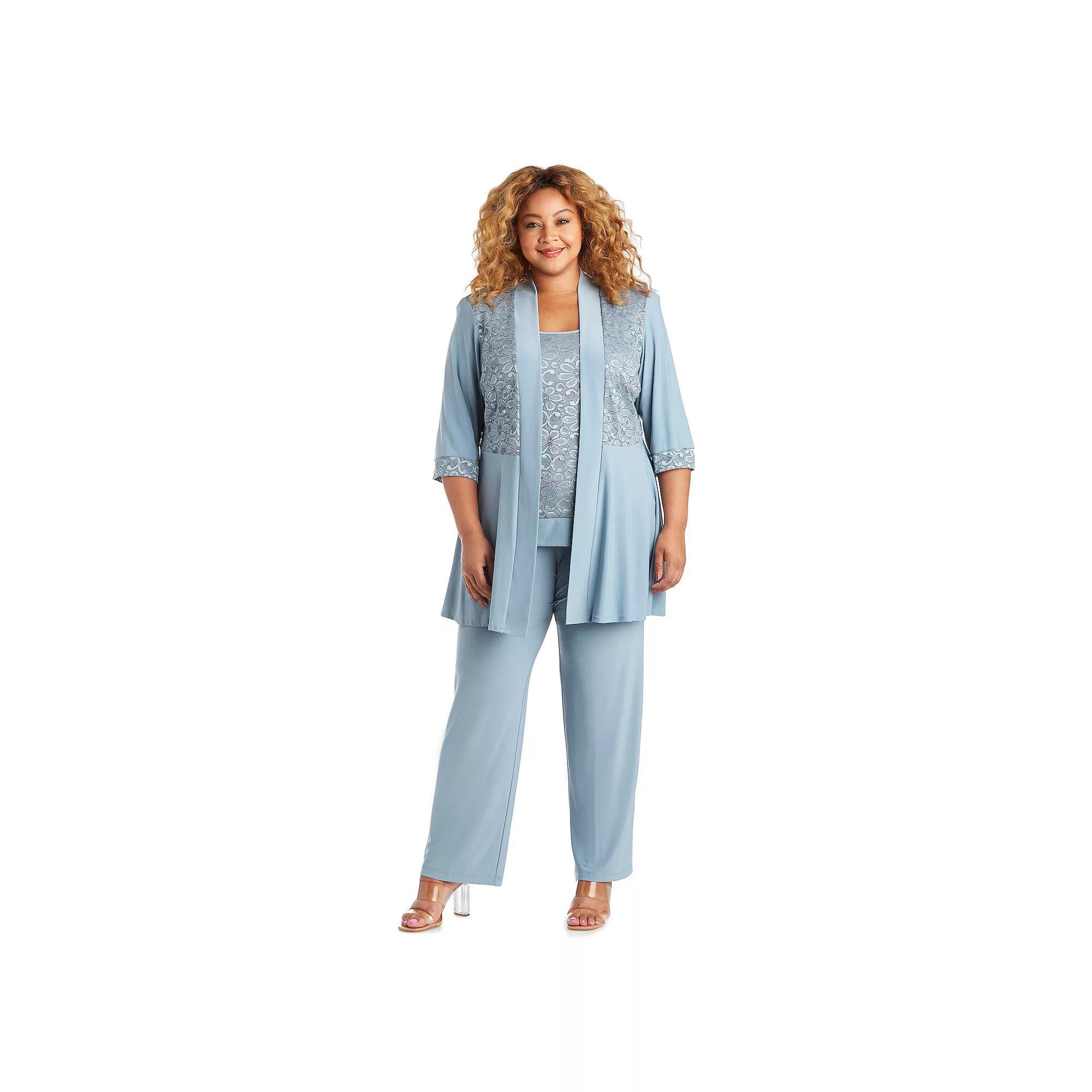 Plus Size R&M Richards 3-Piece Lacey Texture Camisole, Pleated Cardigan & Pants Set, Women's, Size: 18 W, Grey Product Image